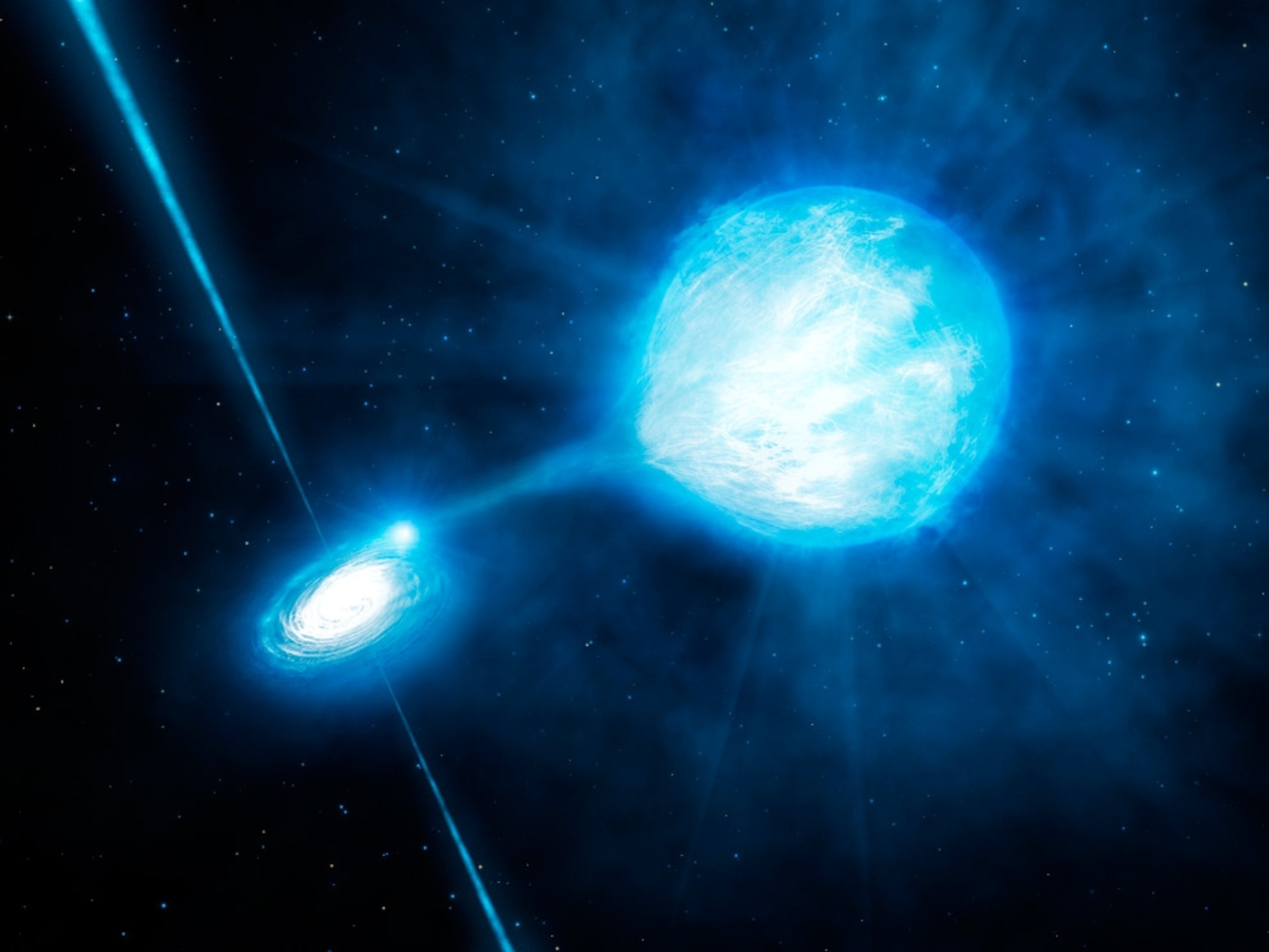 An illustration of a black hole stripping material from a nearby star