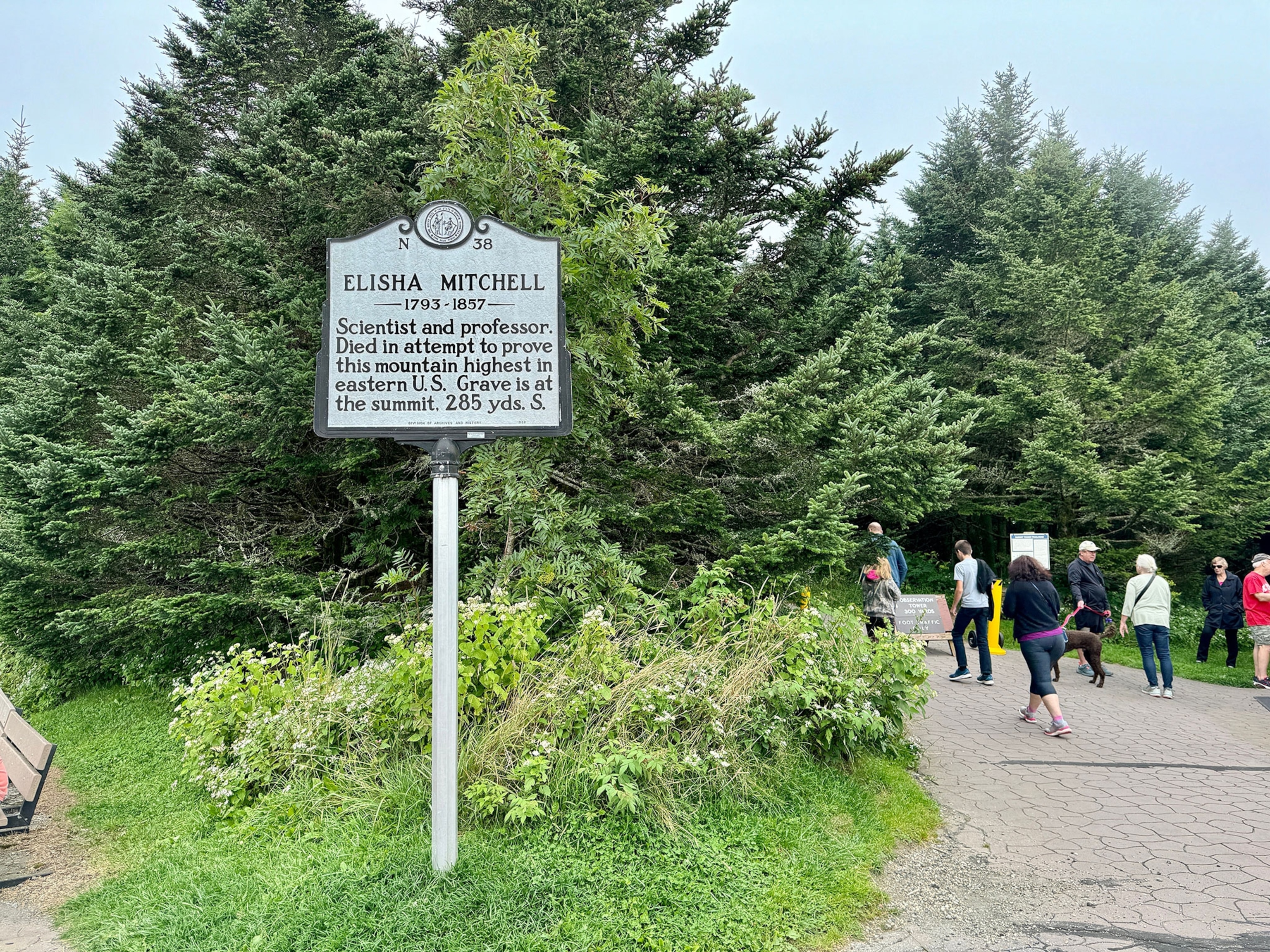 A sign posted in green grass with people walking along a path in the background.