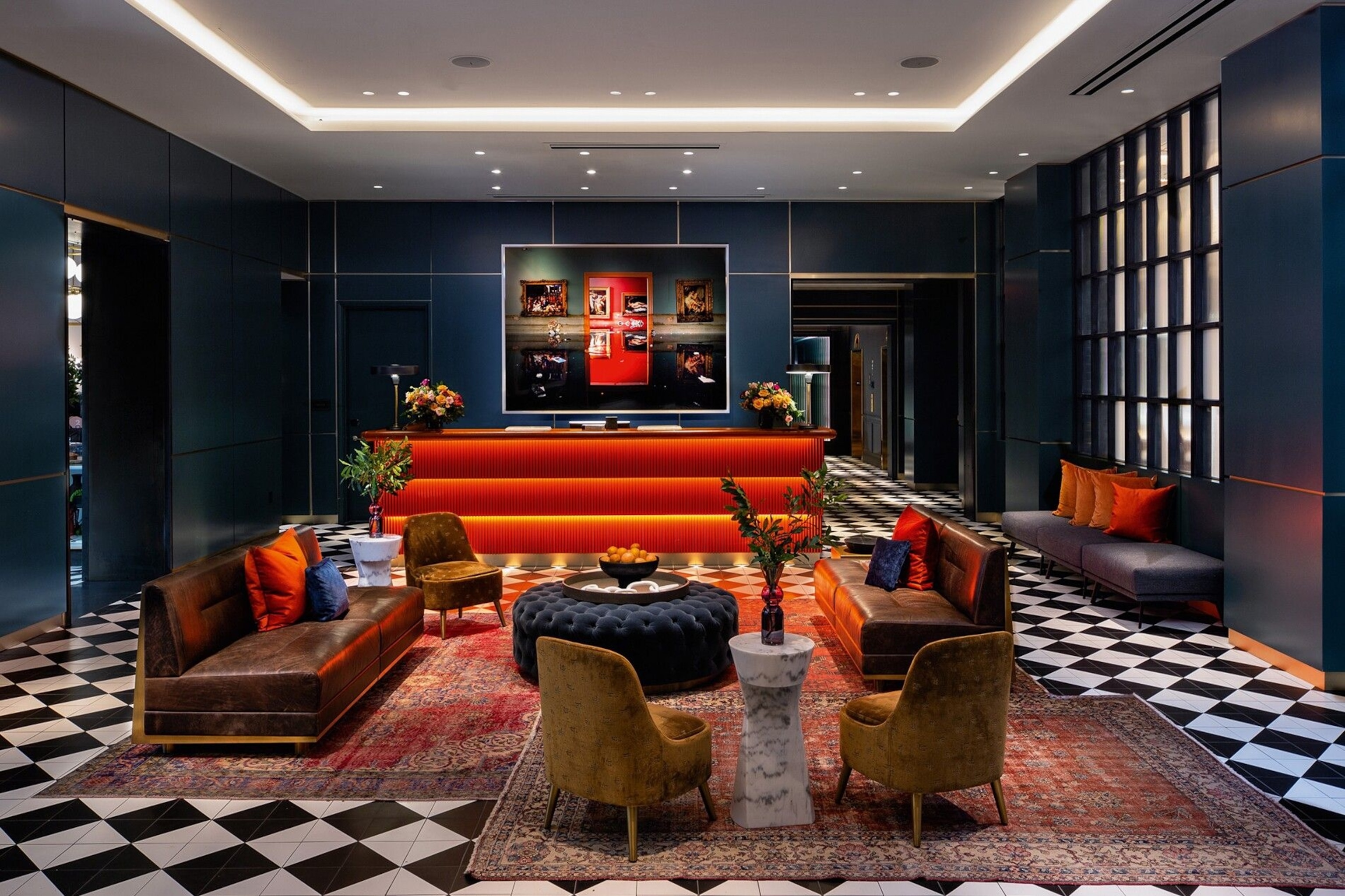 The lobby at Dream Nashville, a stylish hotel on buzzing Printer’s Alley with six nightlife and dining options.