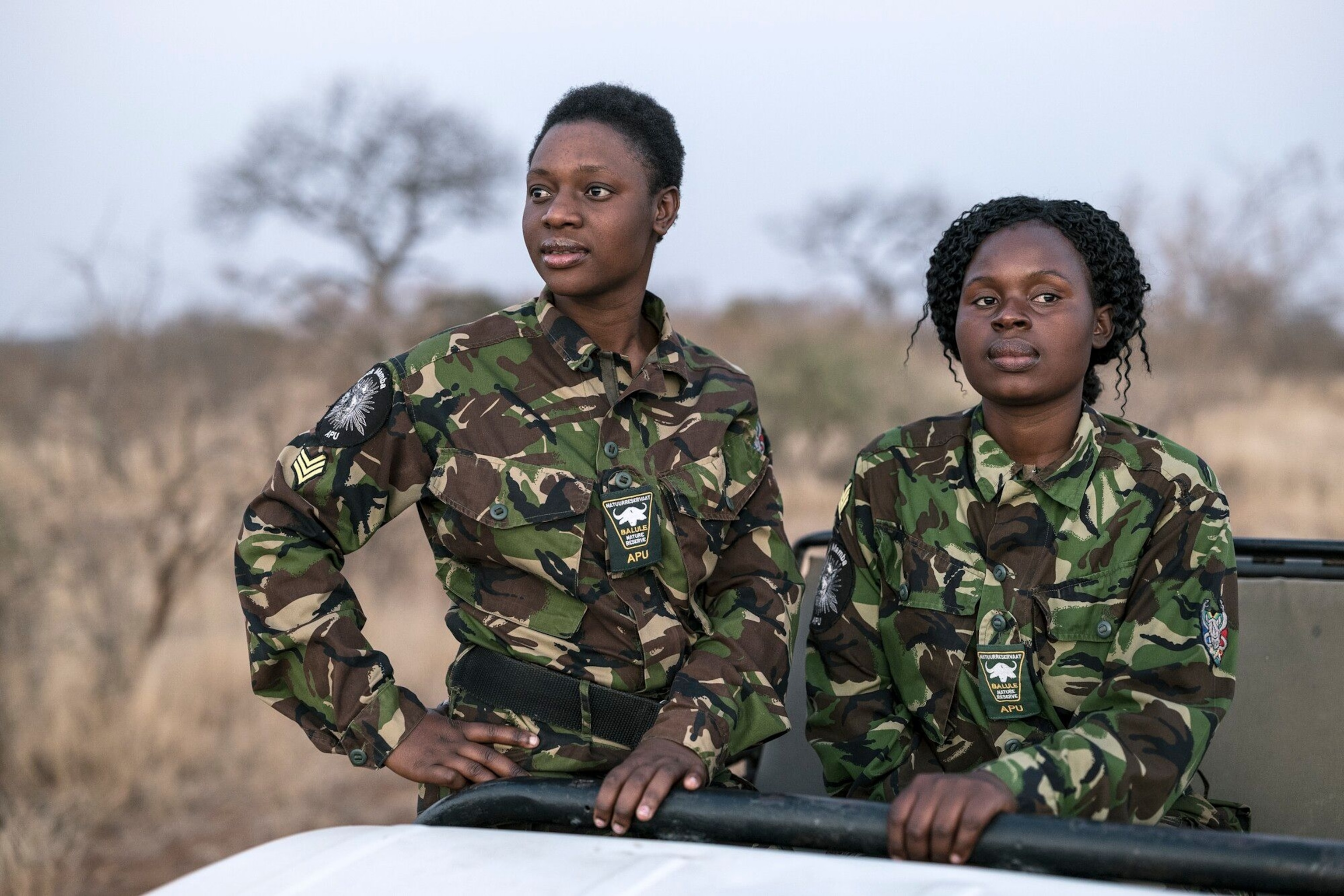 Sergeant Cute Mhlongo and Sergeant Nkateko Mzimba are two of the 23 young, female rangers protecting the rhinos in the safari hotspot of Balule Nature Reserve, South Africa.