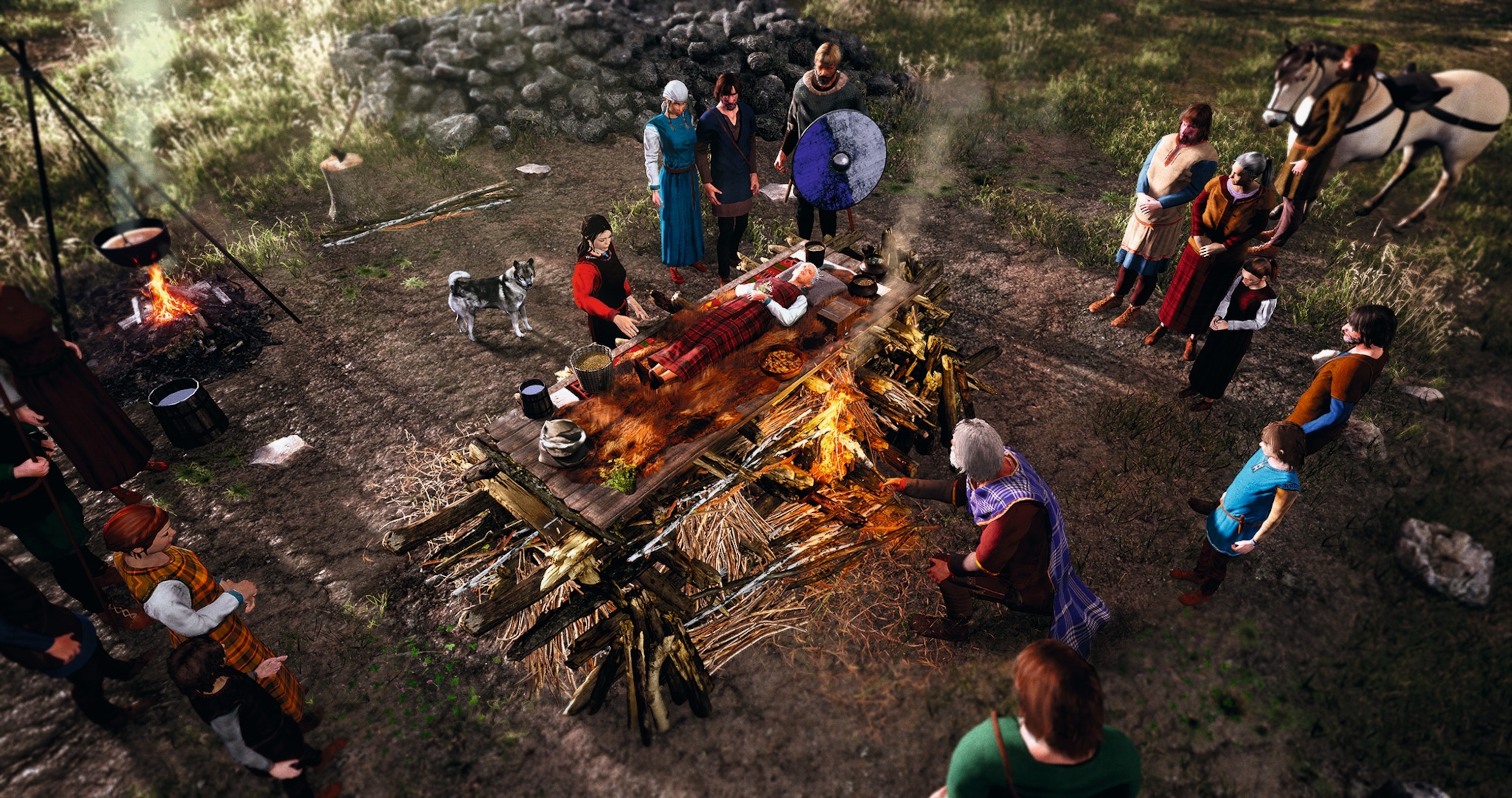 A cremation ceremony for a Viking woman is depicted.