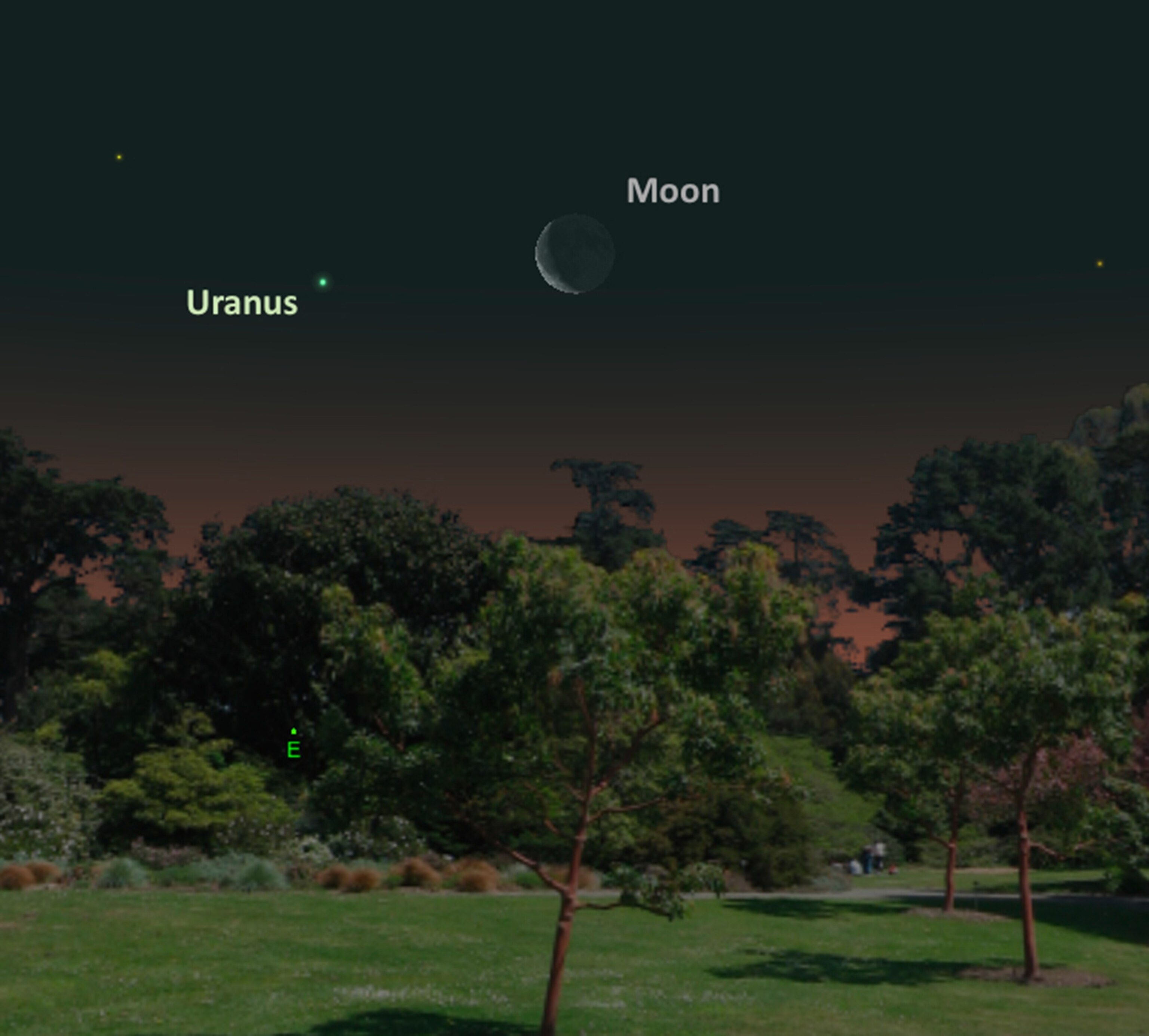 moon to rise in conjunction with the faint green planet Uranus