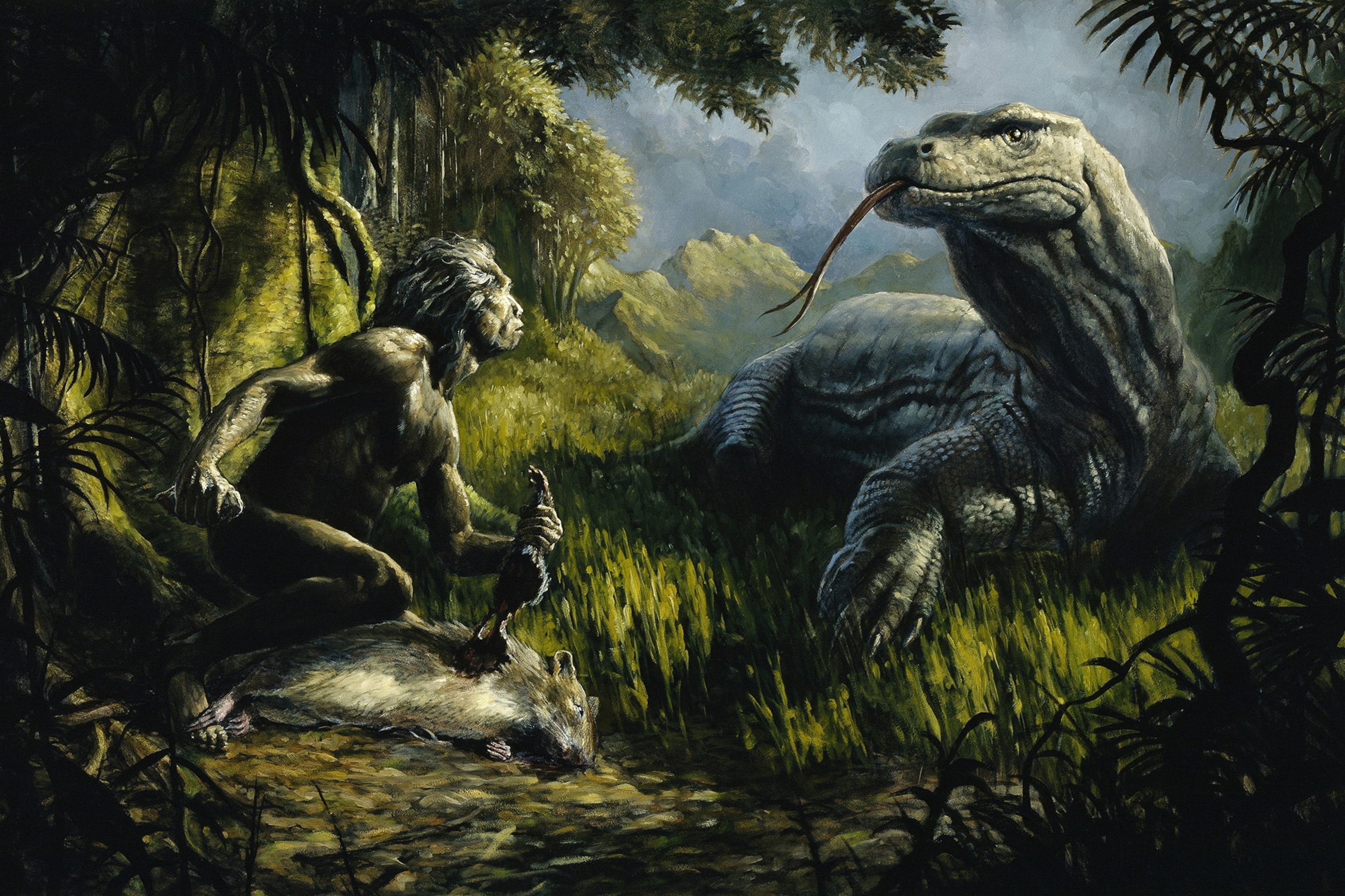 Illustration of Homo floresiensis clutching a dead animal, looking up at a large Komodo dragon