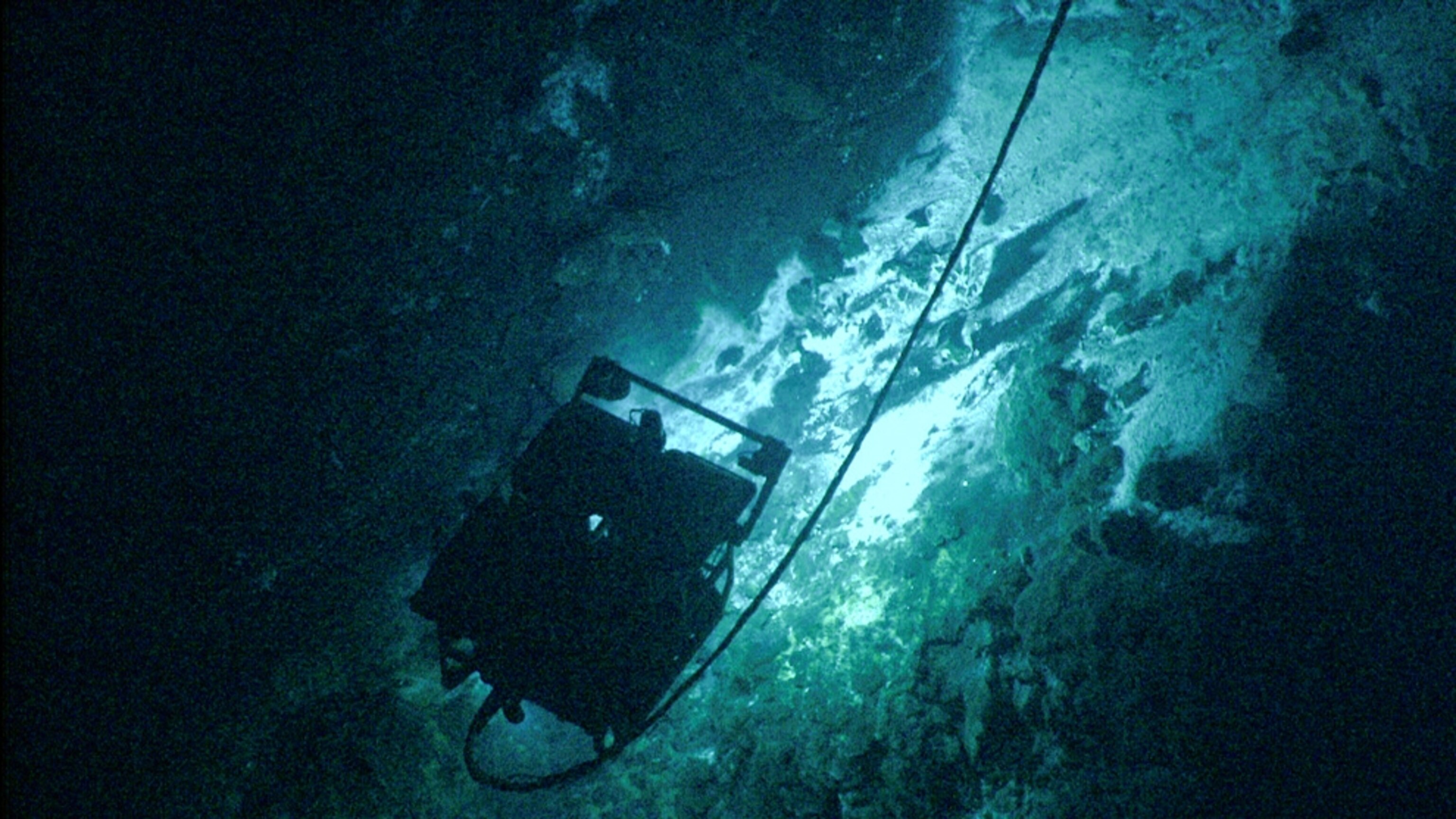 Picture of the Little Hercules ROV descending the undersea volcano.