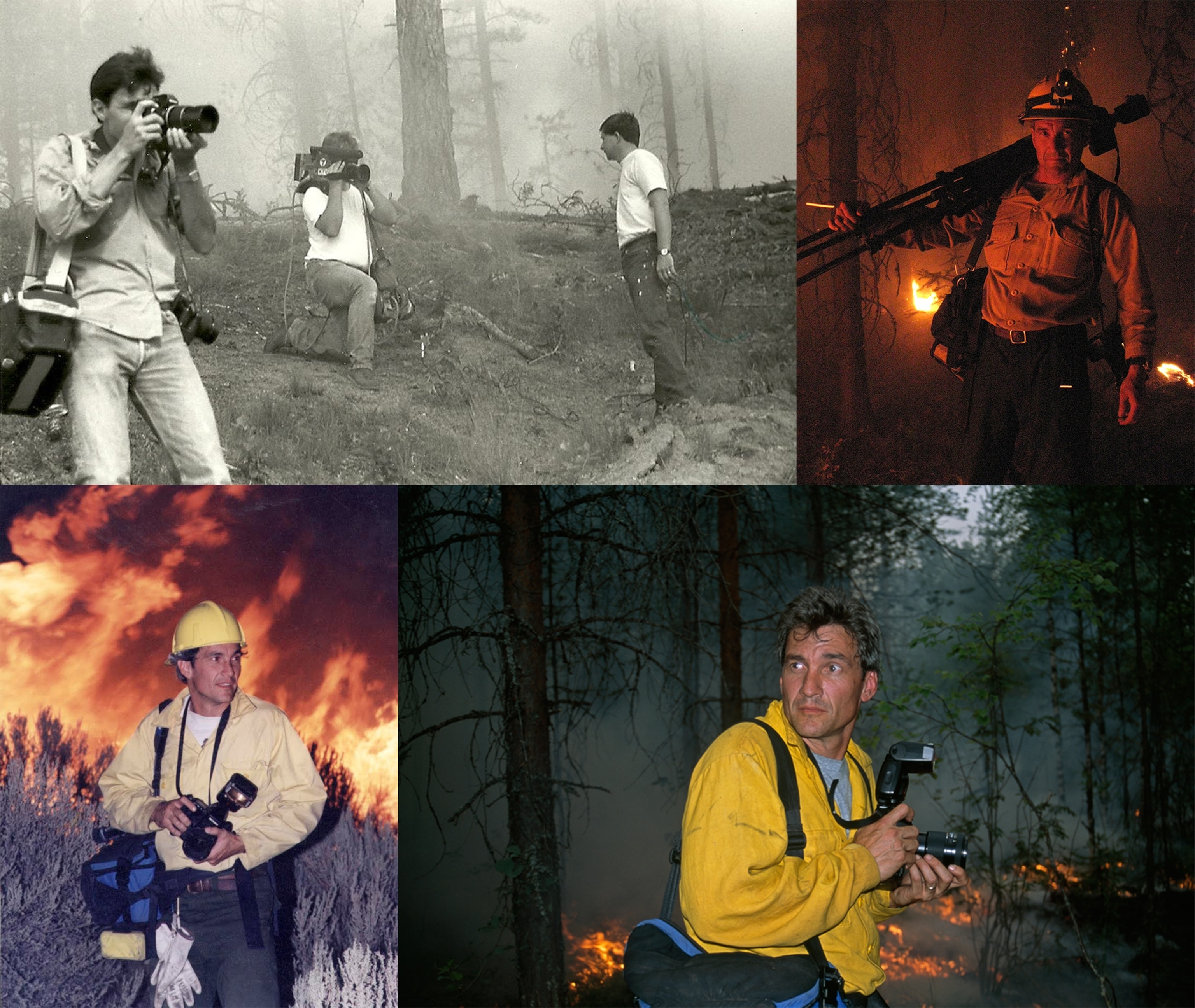 a collage of photographer Mark Thiessen shooting wildfires