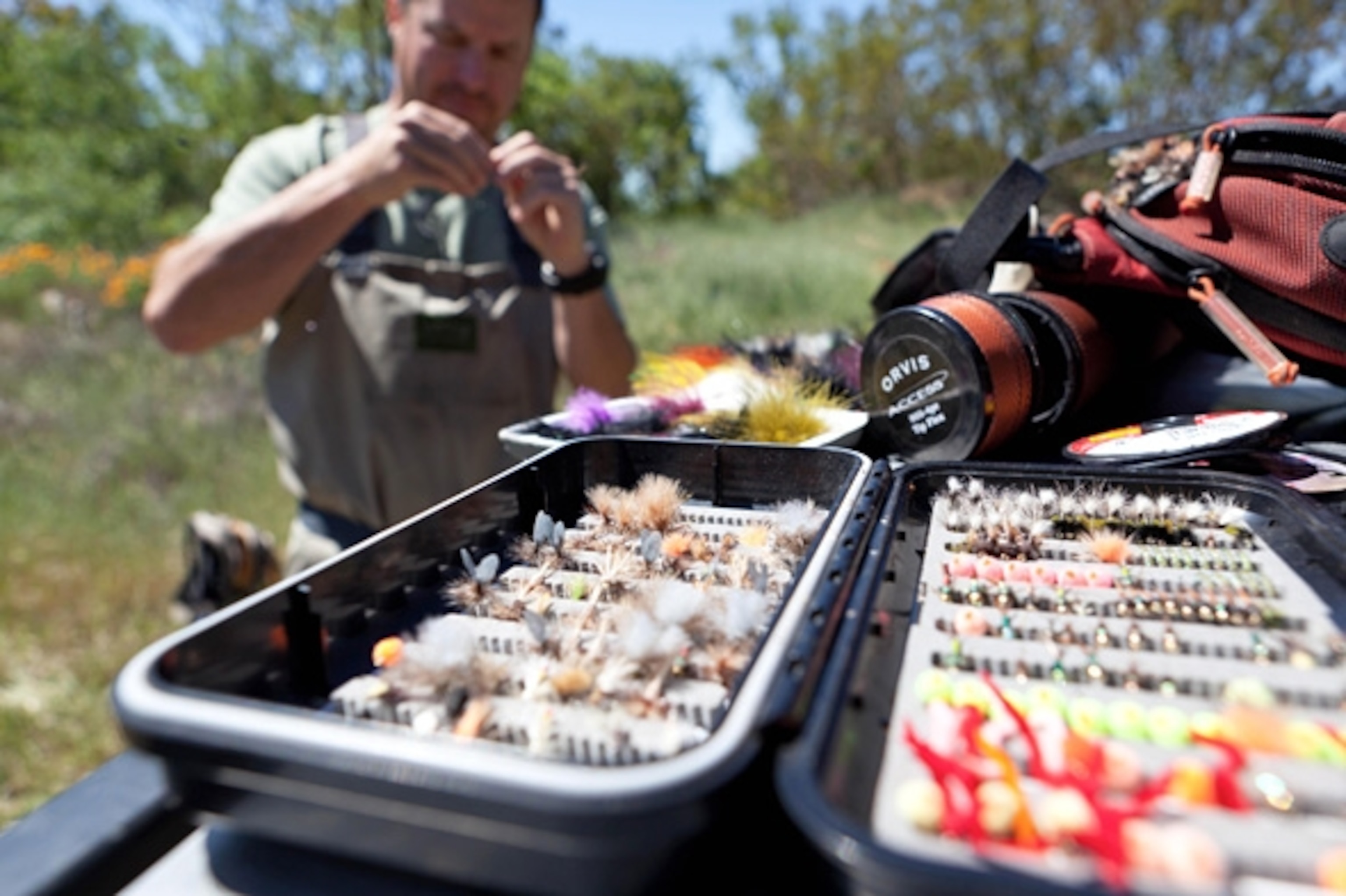 Jimmie Morales tying some flies to the line. (Photograph by Shannon Switzer)