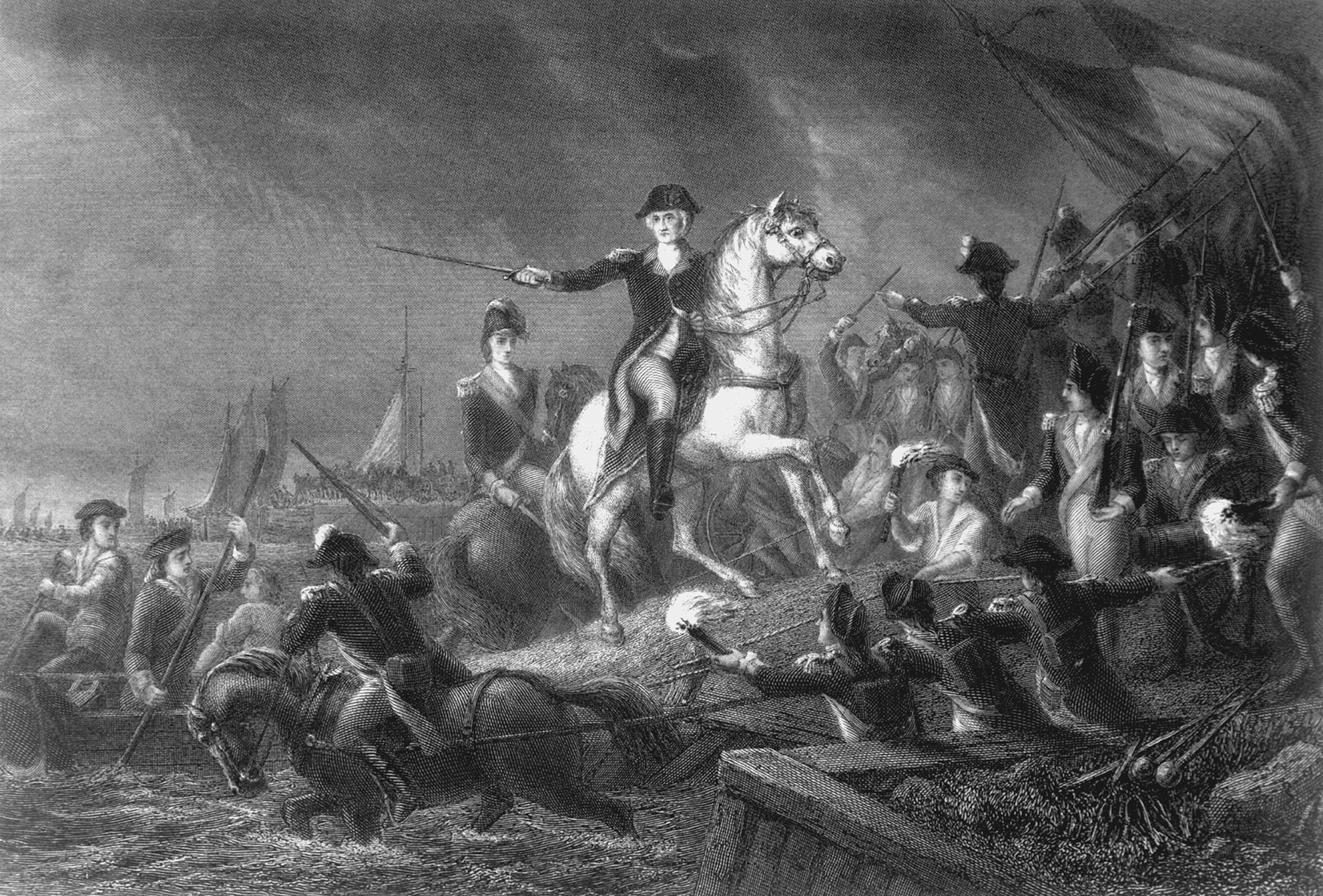 Hessians contributed to Washington’s defeat on Long Island, after which he ferried the bulk of his army safely across the East River to Manhattan overnight, as depicted in this engraving.