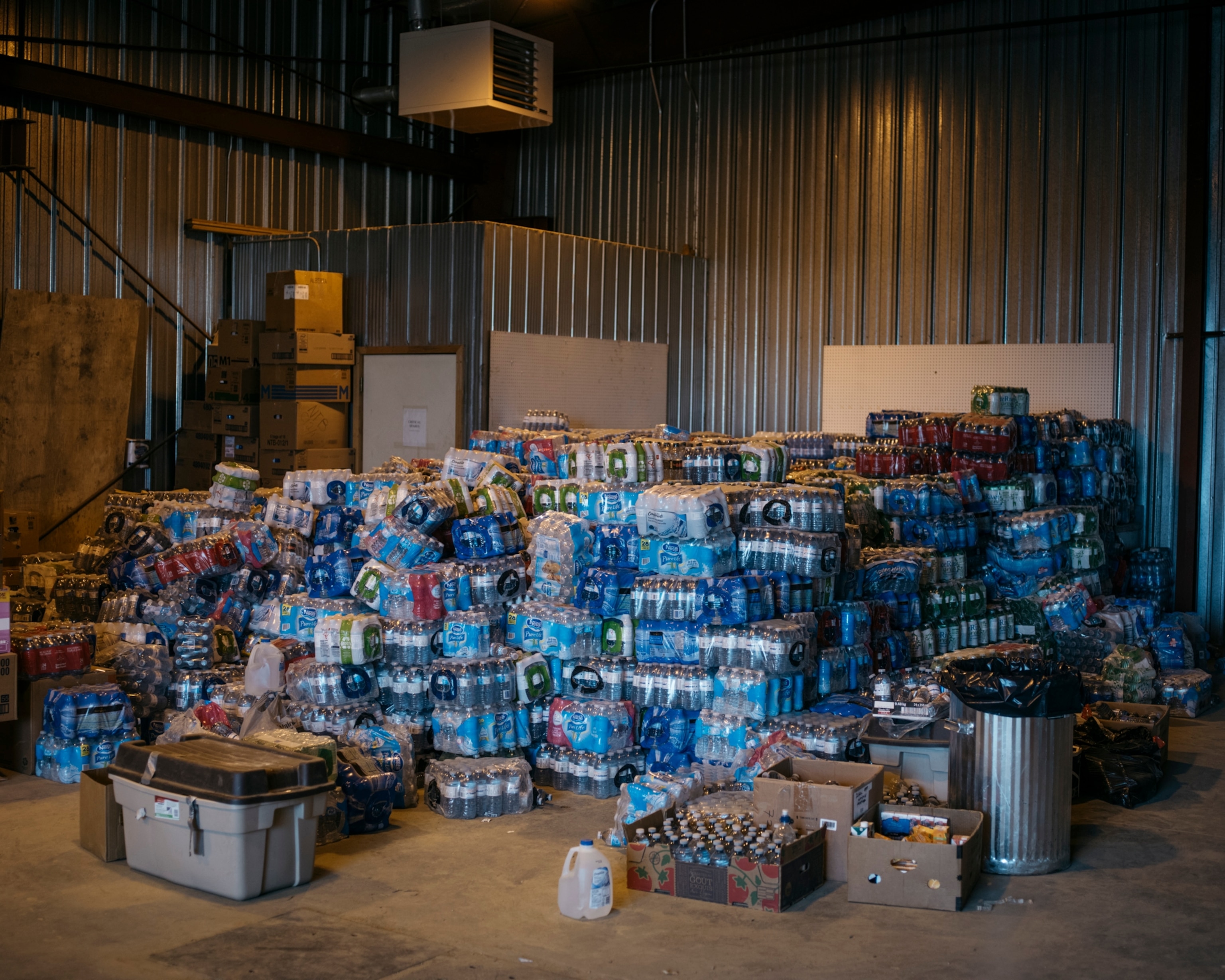 donated water in a warehouse in Alberta, Canada