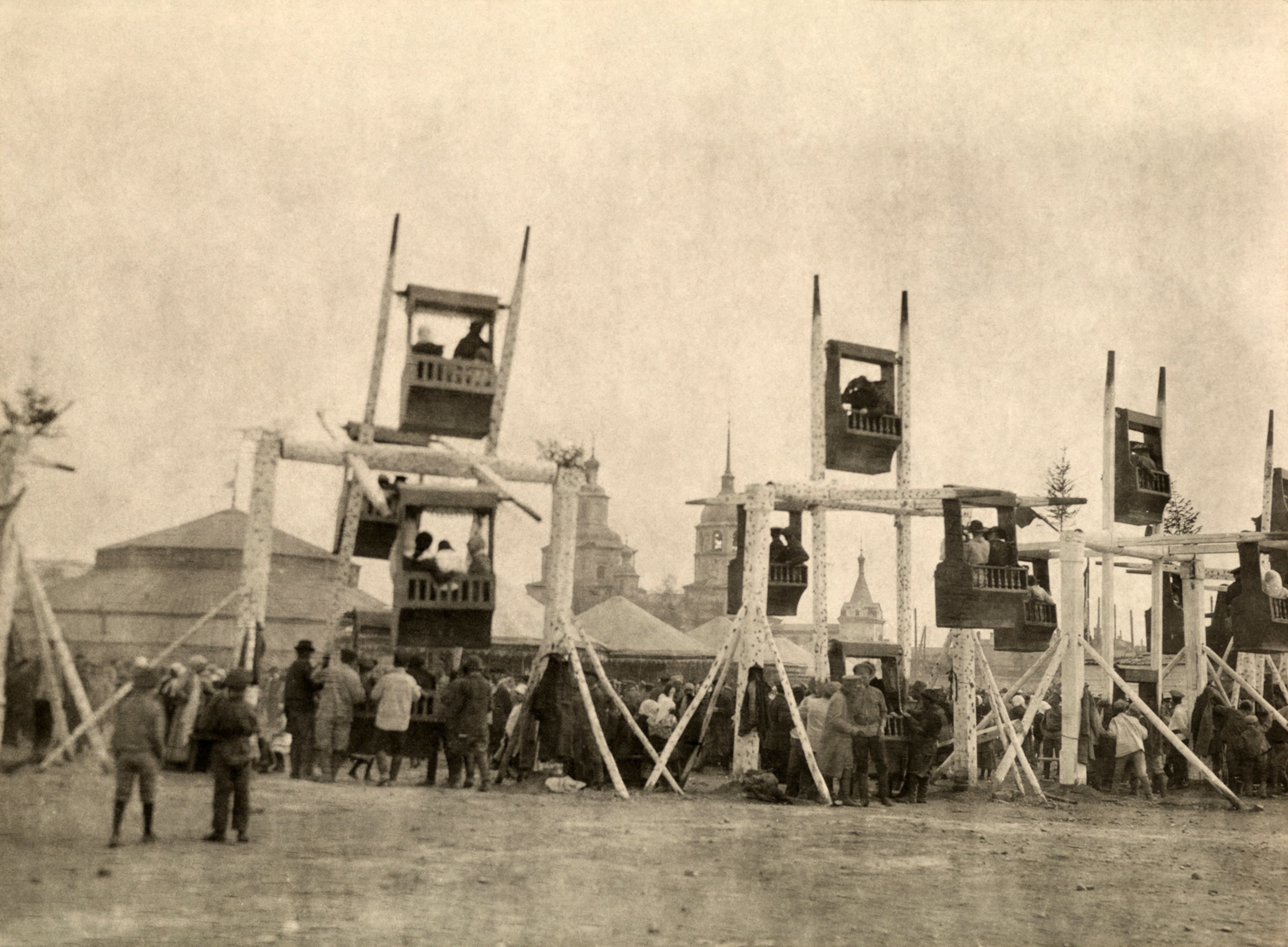 ferris wheels line the square during Easter week festivities Irkutsk, Siberia
