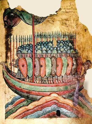 Viking warriors disembark at Gu&eacute;rande on the coast of Brittany in a.d. 919, in a French illuminated manuscript circa 1100.