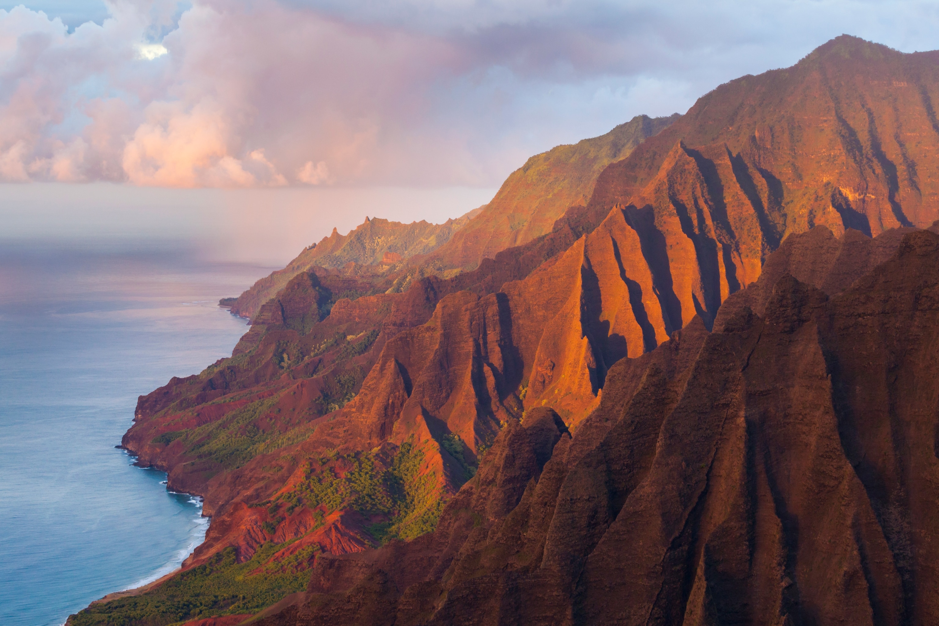 fluted cliffs at sunset, Na Pali Coast, Kauai, Hawaii