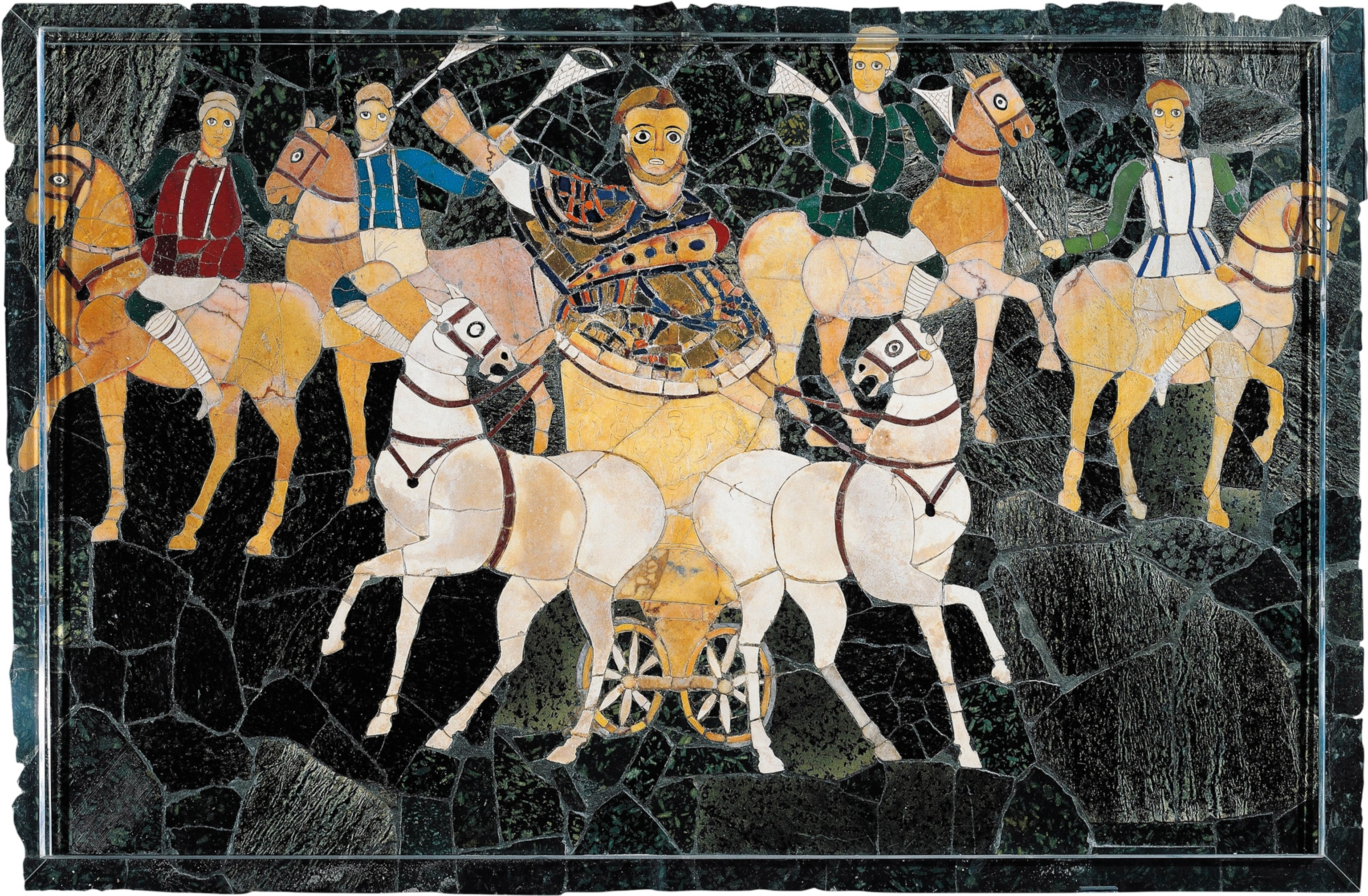 A mosaic of a man on a chariot