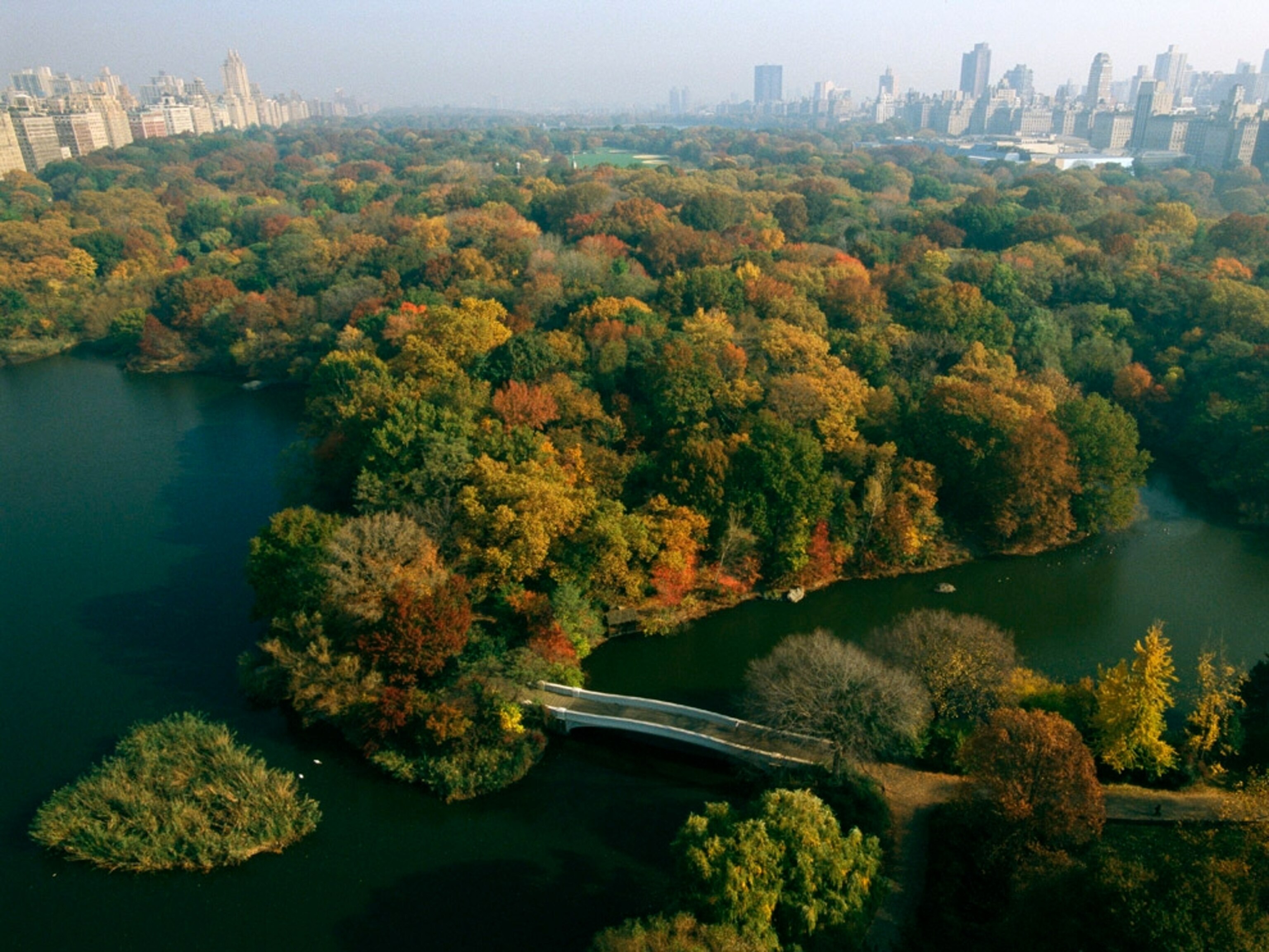 Aerial view of Central Park and the Manhattan skyline in the fall.
