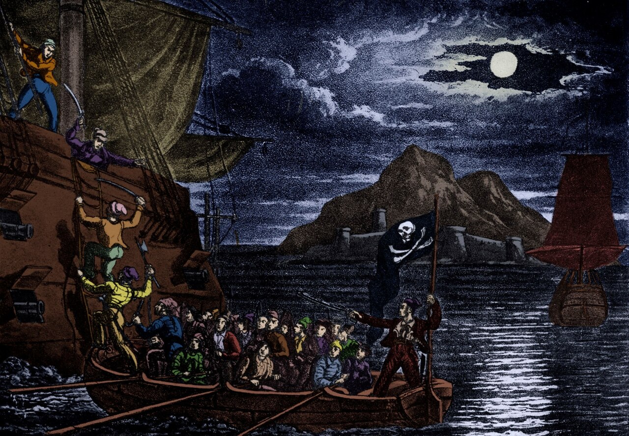 Engraving of pirate ship attacking larger ship at sea