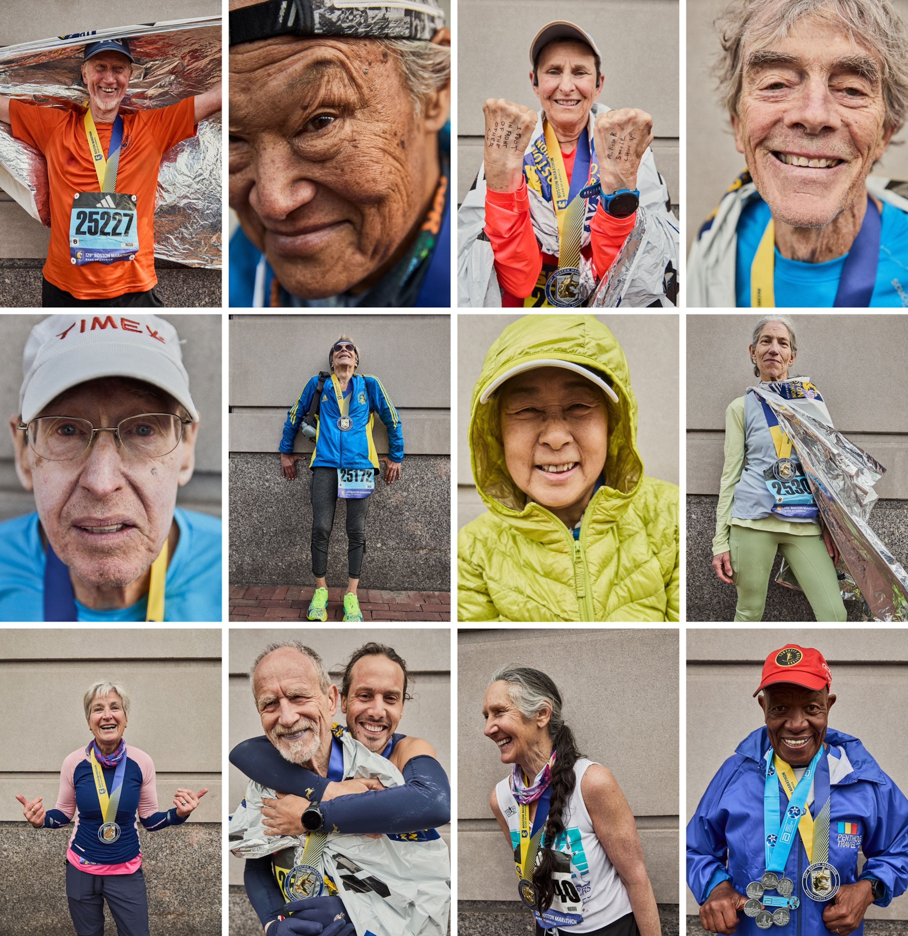 A 4x3 collage of portraits of older aged runners. They are taken in front of a concrete wall, and wearing their running gear.