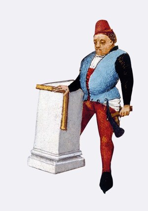 In a 15th-century miniature, a craftsman checks the angle of a block with a set square. In his other hand, he holds a stonecutter&rsquo;s hammer.