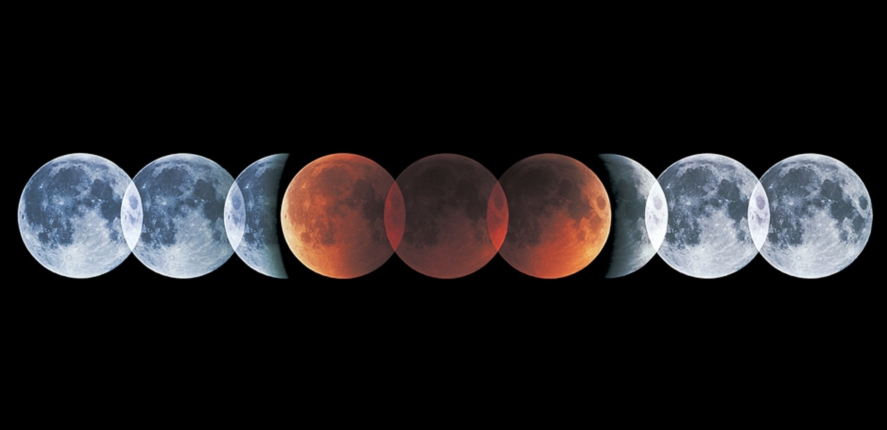 A composite photograph shows the stages of a total lunar eclipse.