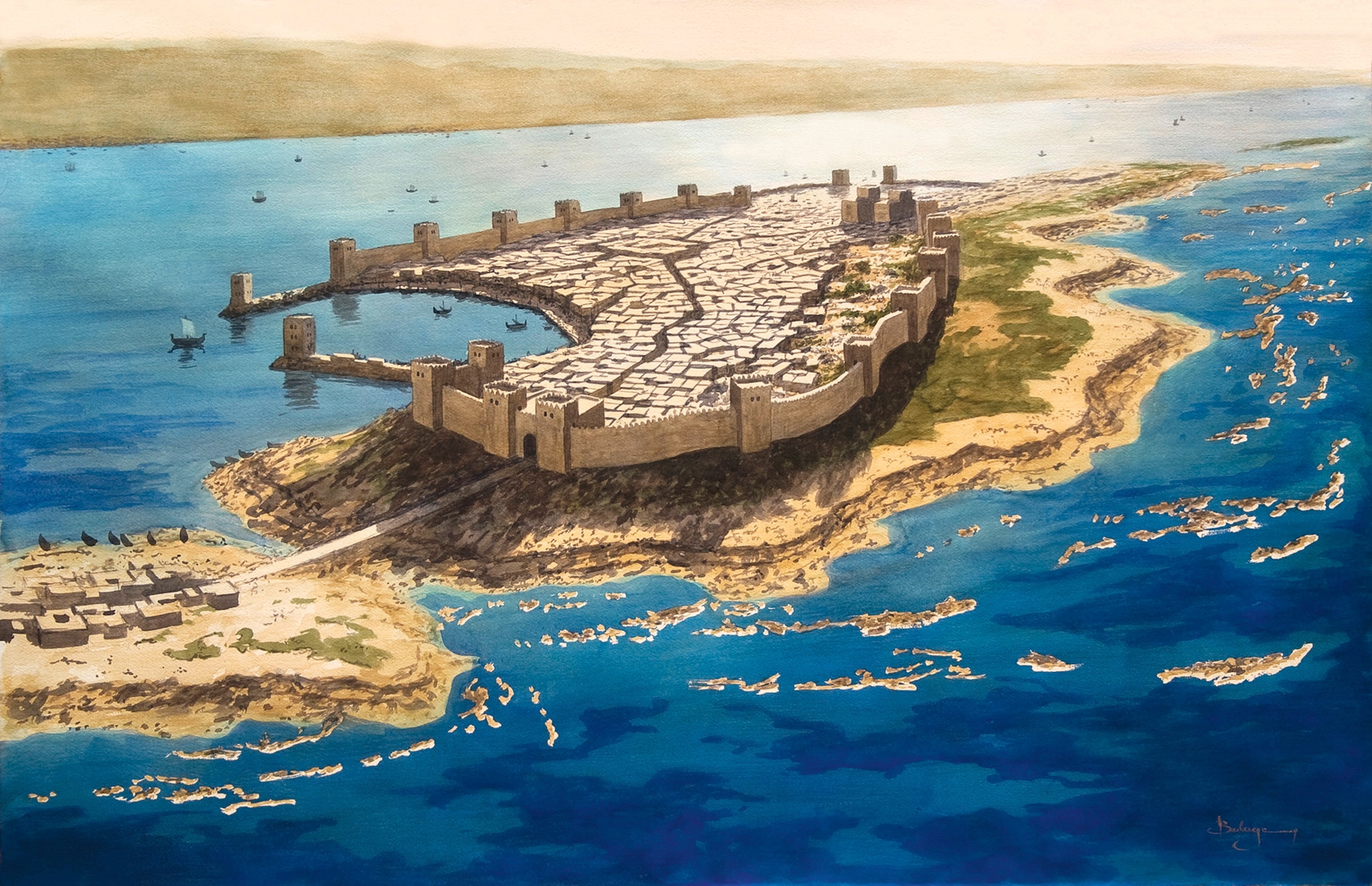 A reconstruction of the walled island city of Tyre in the pre-Hellenistic period.
