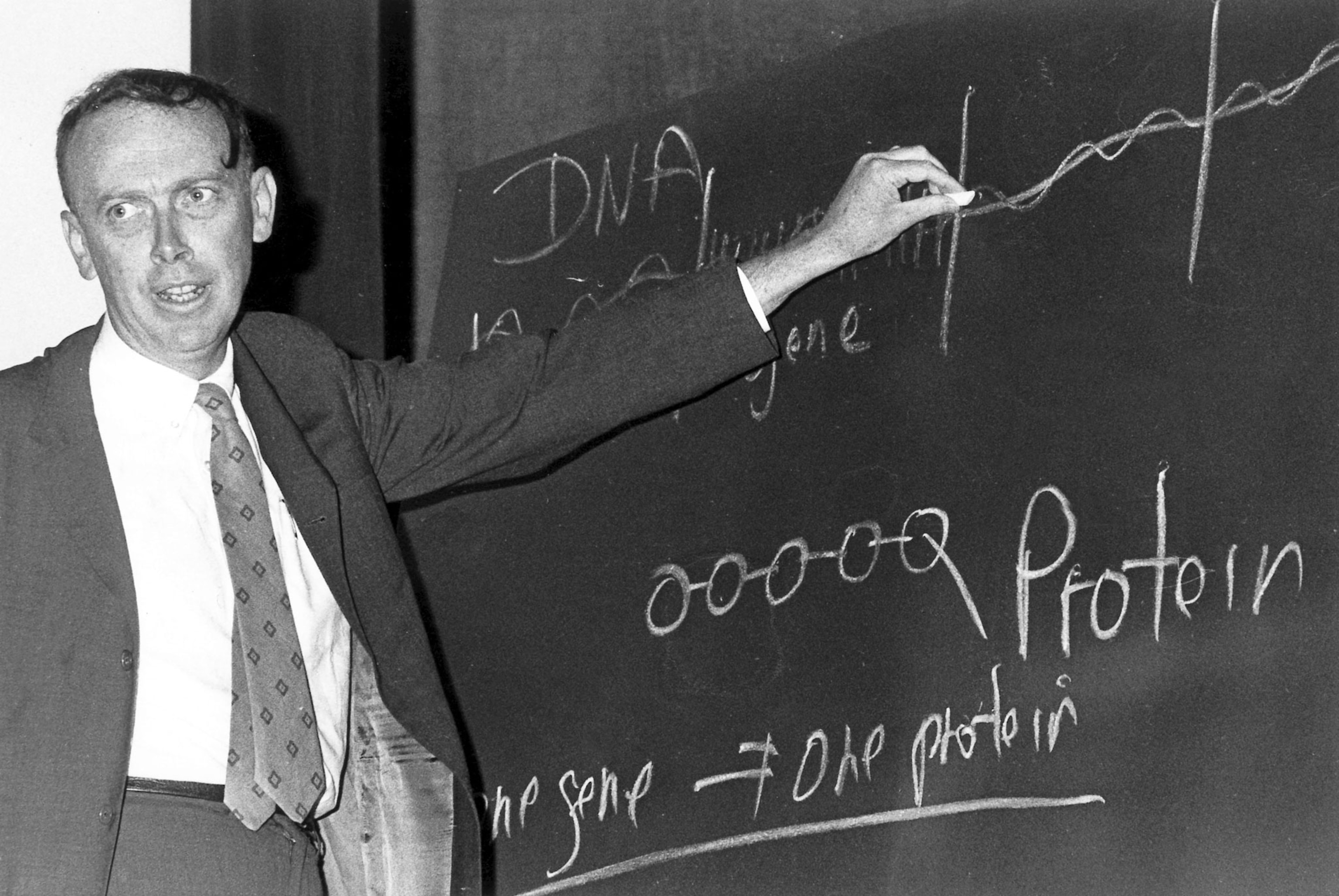 In a black and white archival image, Dr. James Watson stands at a black board.