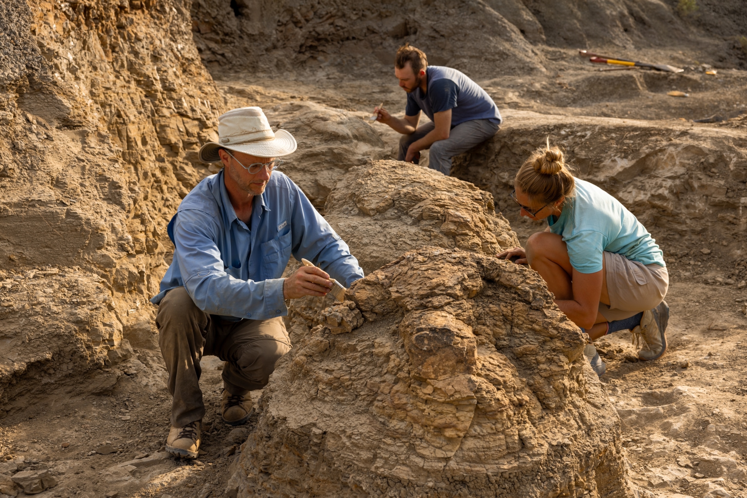Archaeologists carefully excavate a rocky site, brushing and chiseling sediment outdoors