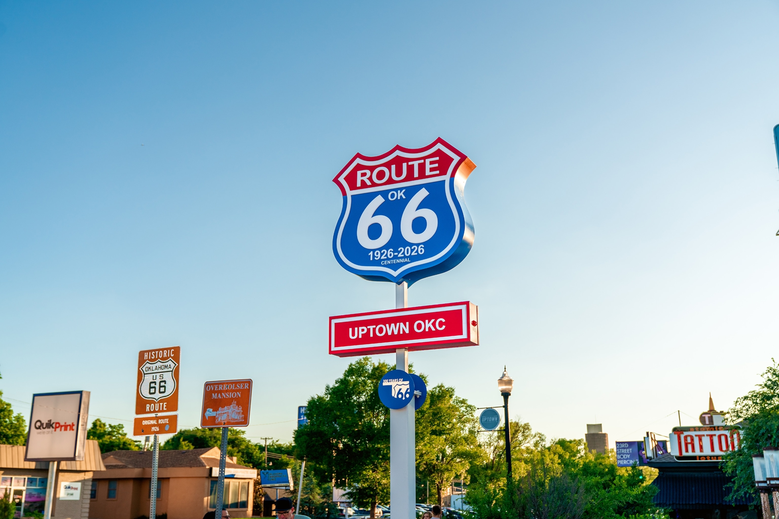 A Route 66 road sign in Oklahoma City marks the route's centennial, from 1926-2026.