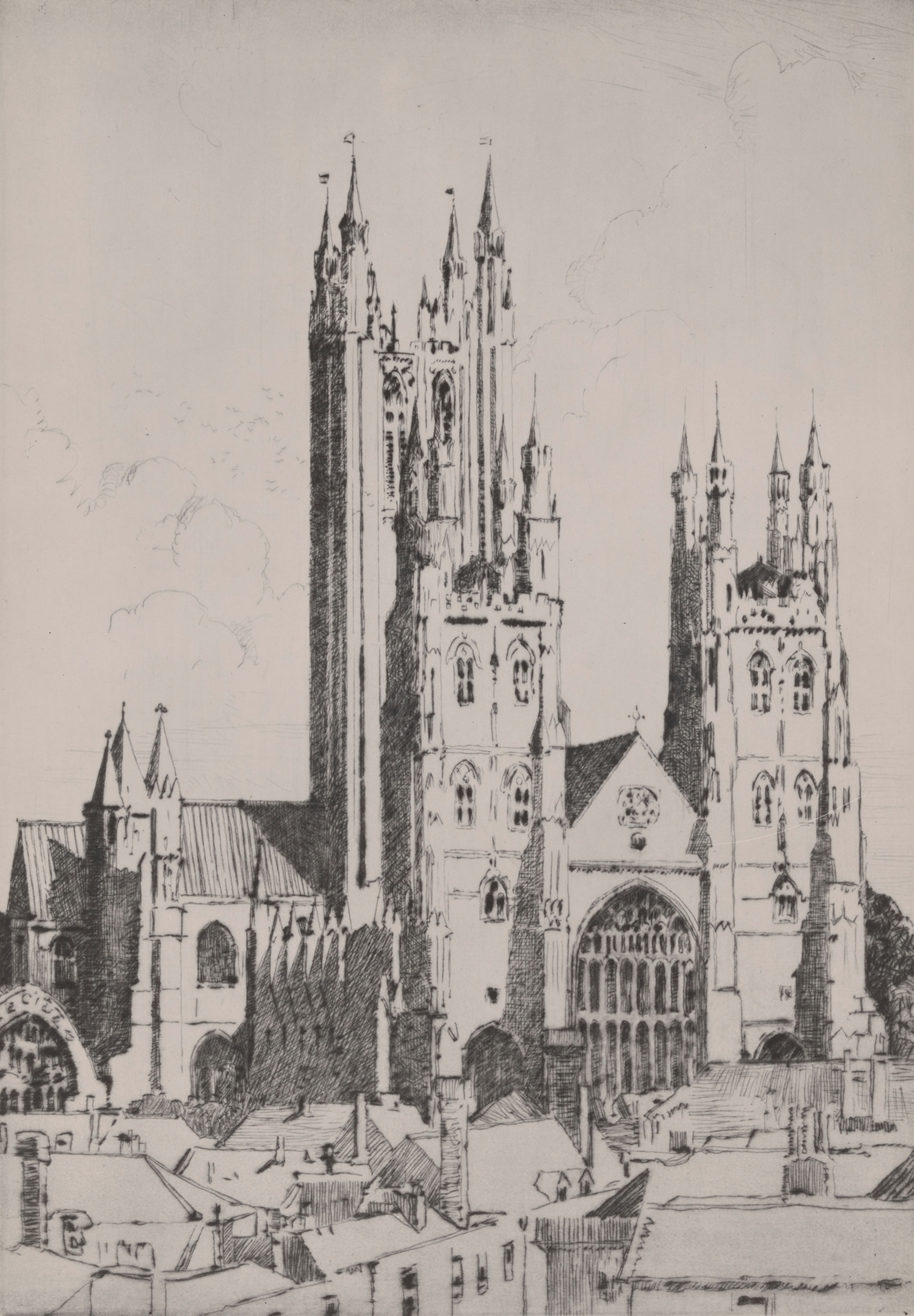 This drawing by Norman Wilkinson depicts the Canterbury Cathedral.