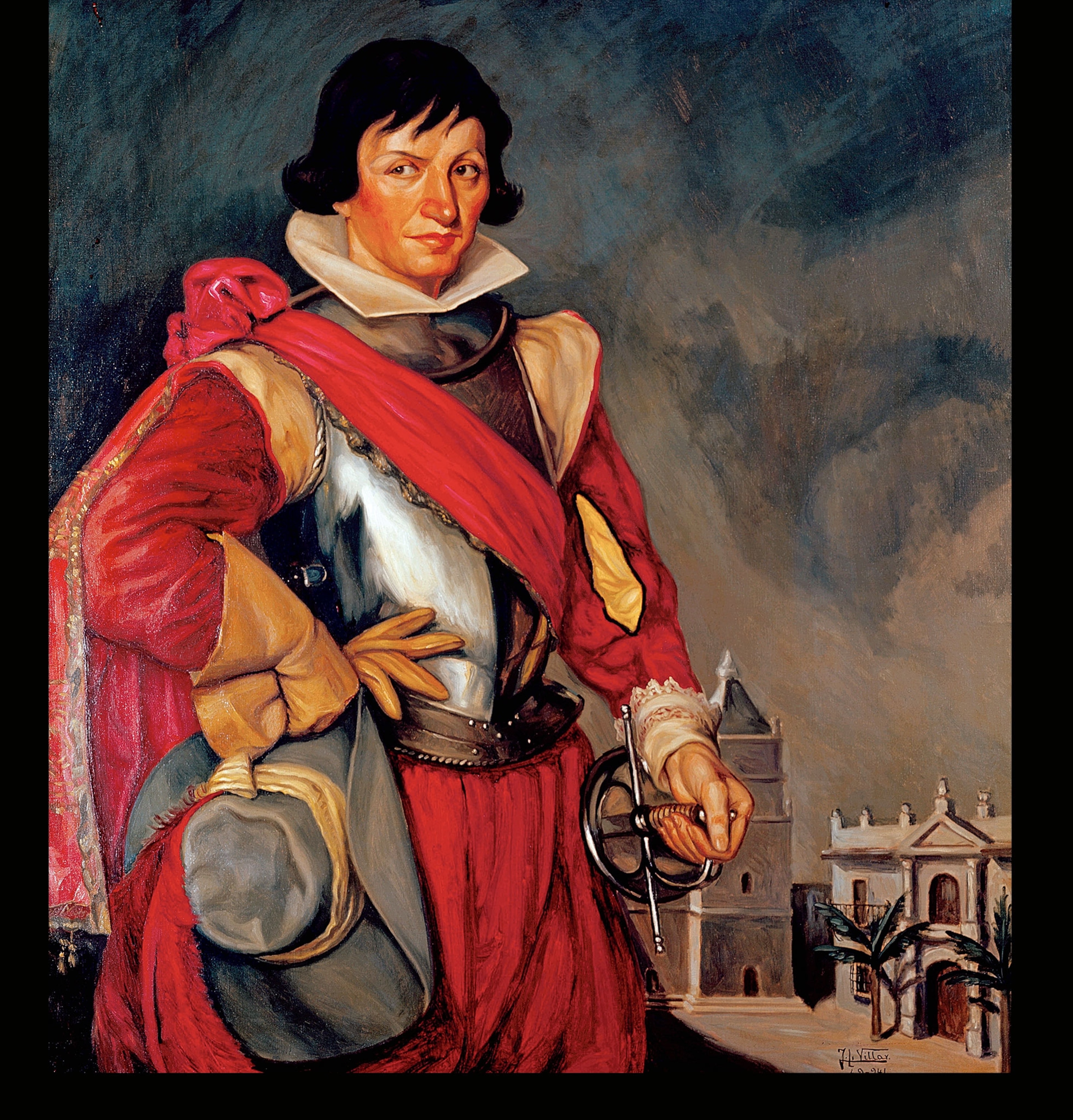 A painted portrait of a female conquistadora in armor, red sleeves and sash, with black hair