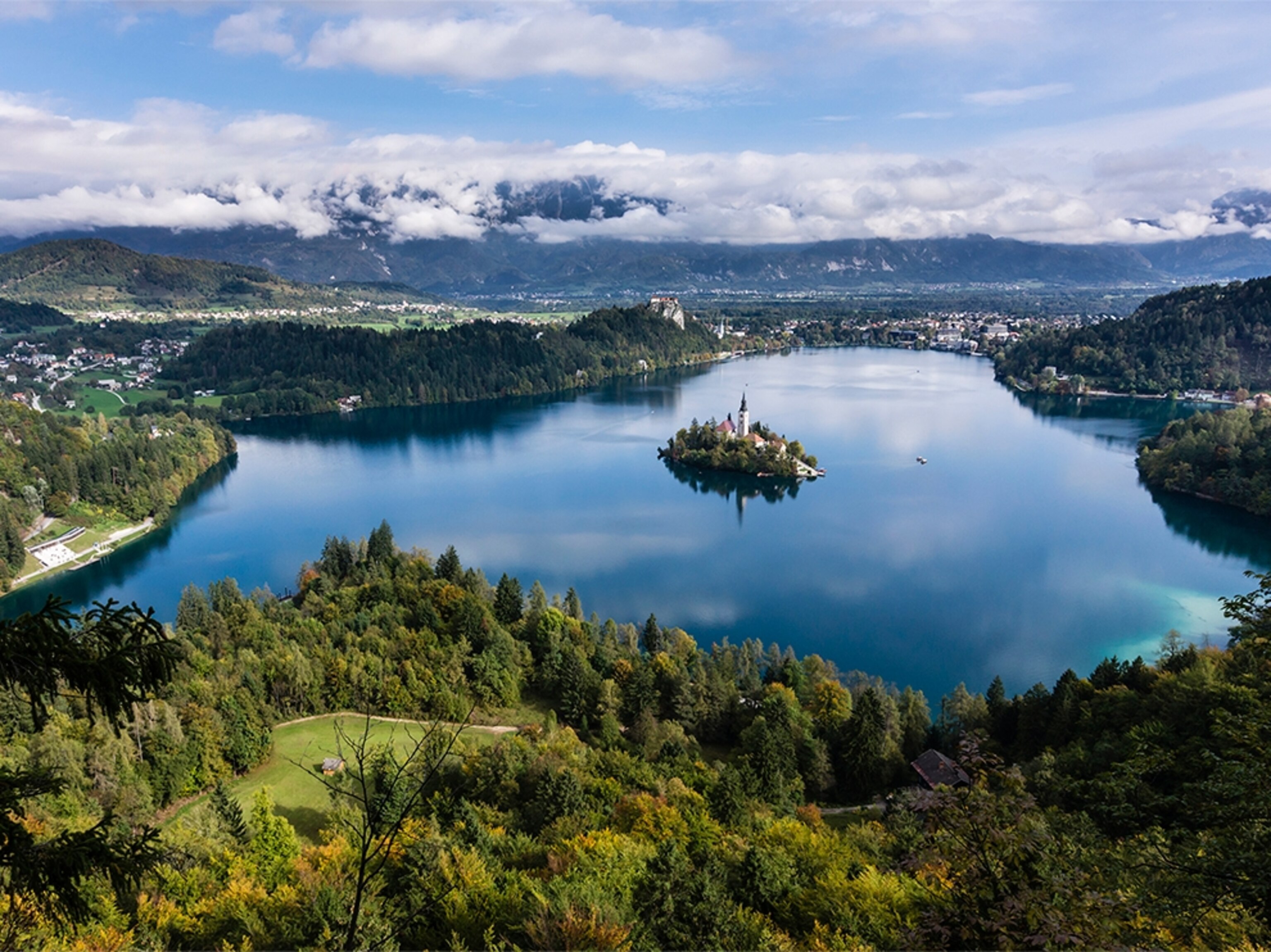 an elevated view of Lake Bled in Slovenia