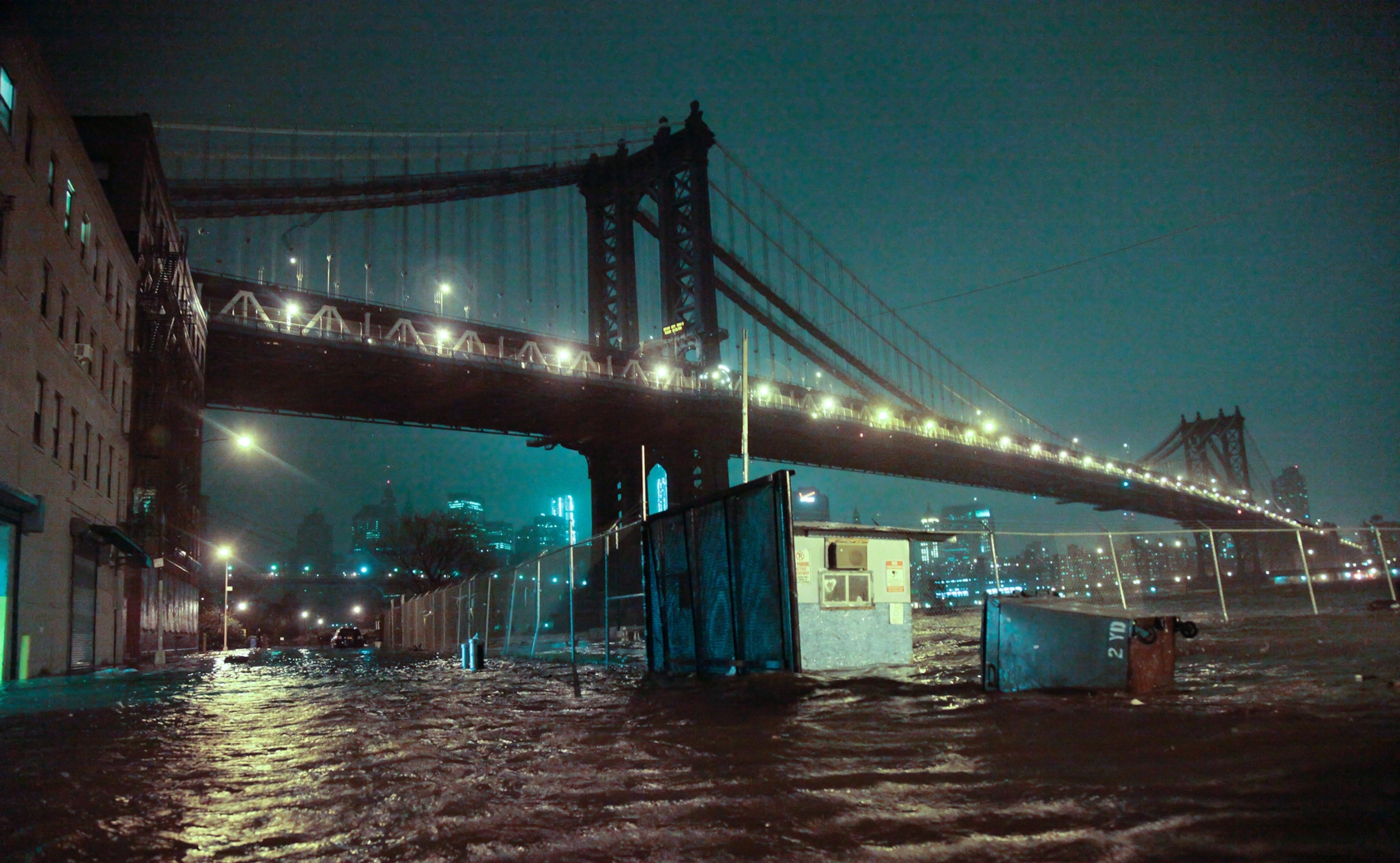 a flooded Manhattan Bridge