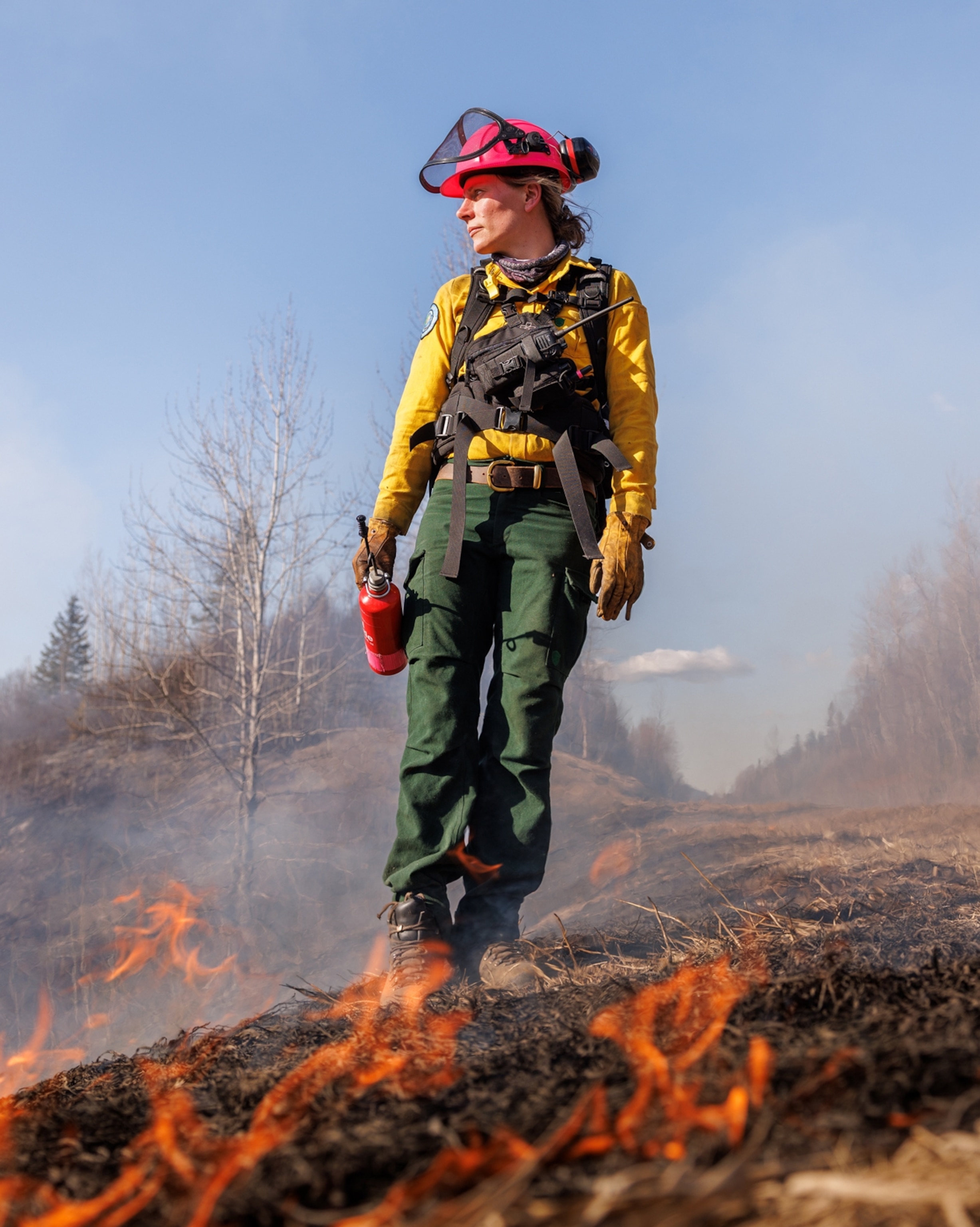 A woman stands amongst bare trees with flames flickering on the ground in front of her.