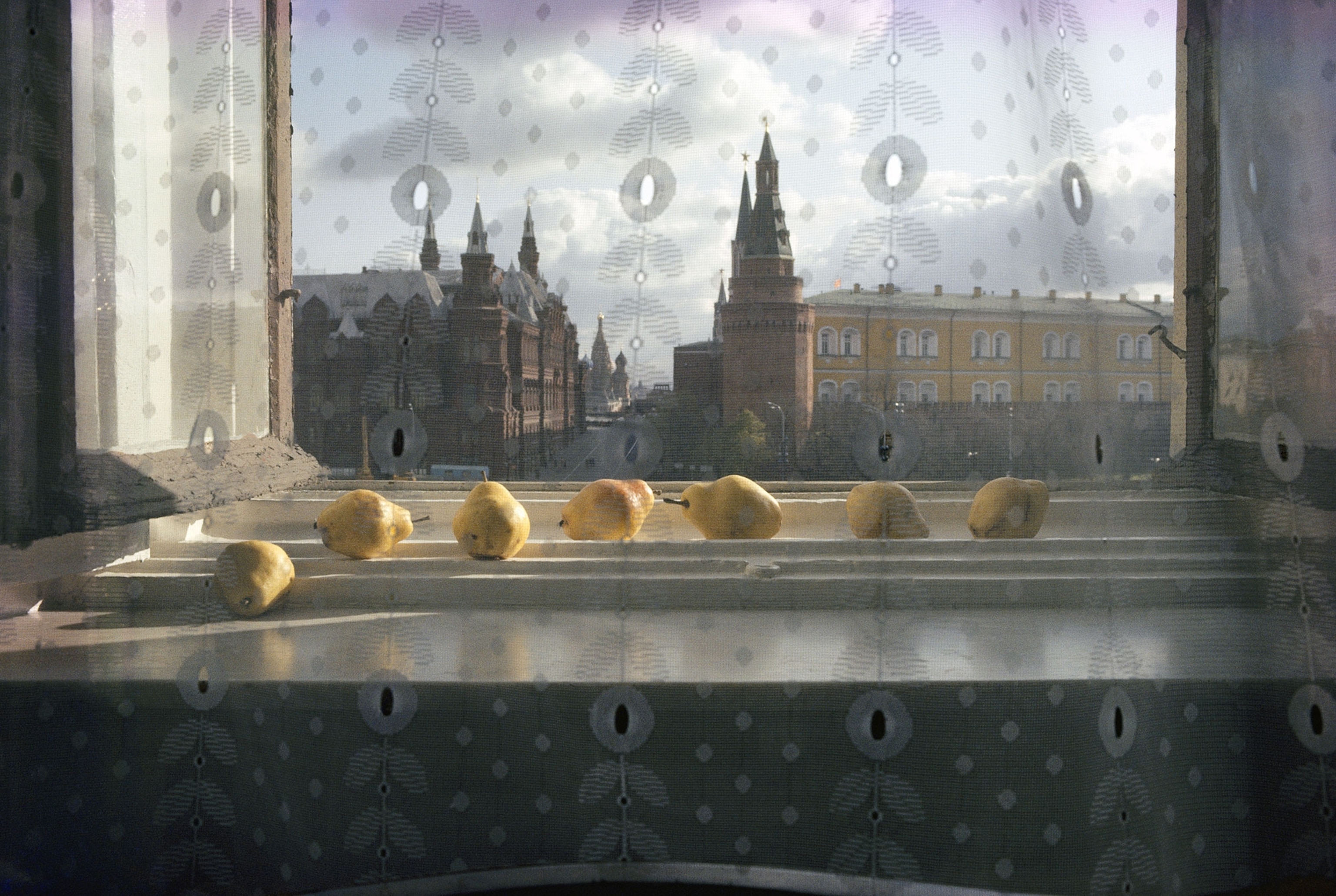 Still life of pears inside a windowsill in Moscow's National Hotel, 1983.