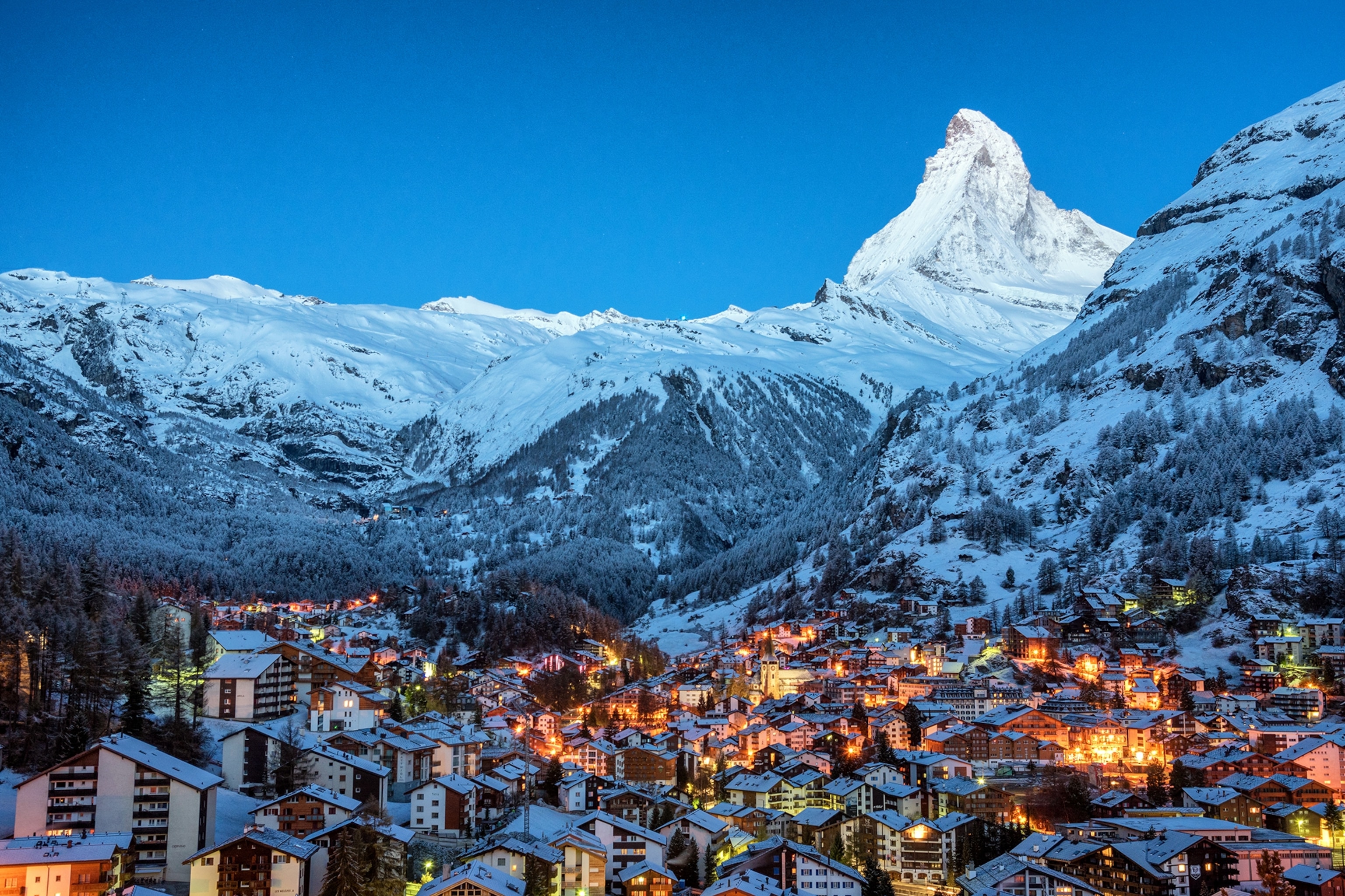 a mountain resort at dusk