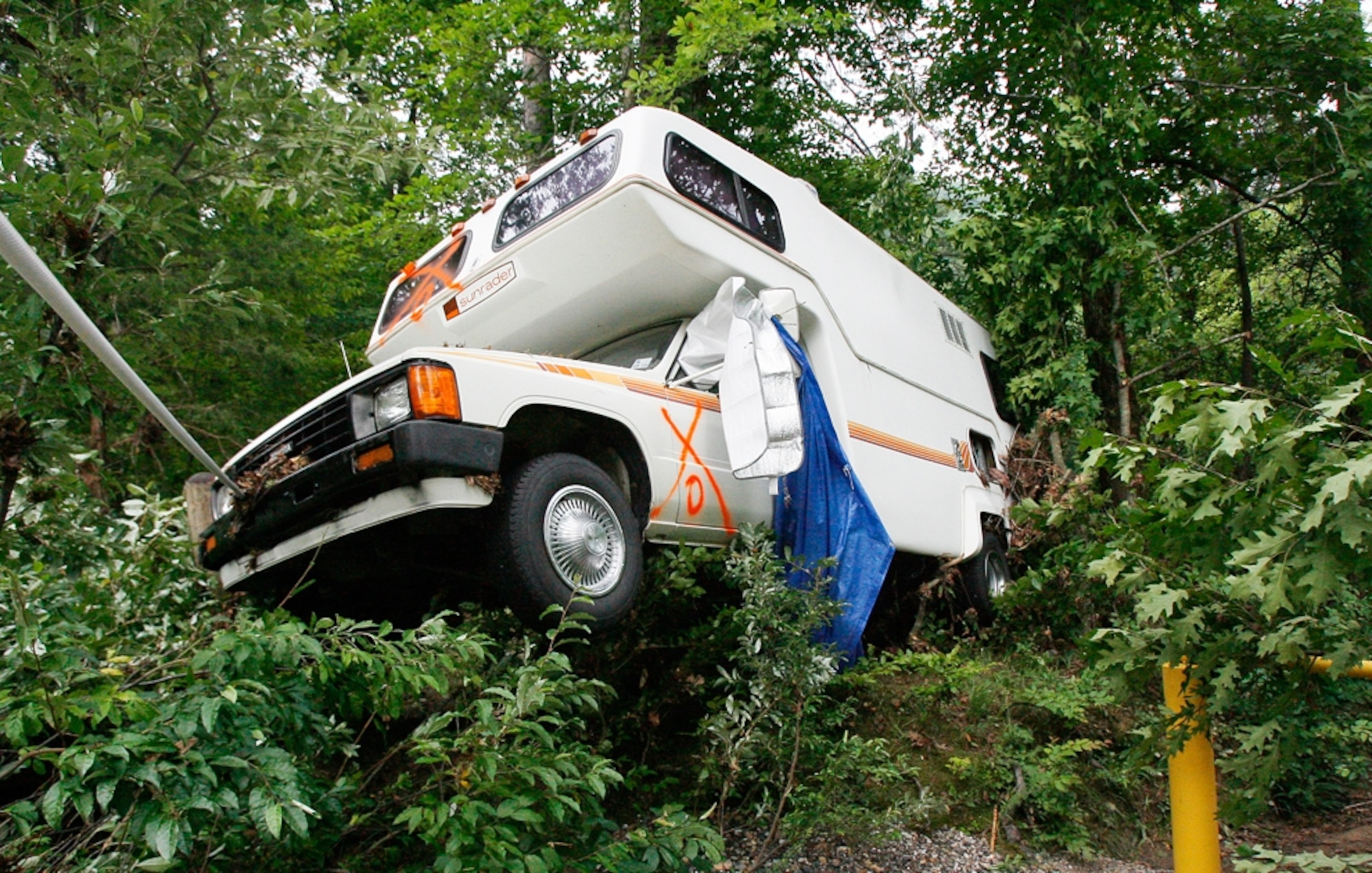 an RV wrecked by the Arkansas flash flood