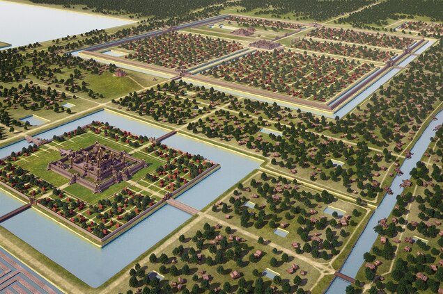 Dense vegetation dominates the landscape today, and the temples of Angkor appear isolated, like islands half subsumed by jungle. In its heyday in the 12th and 13th centuries, the Khmer capital was an urban macro-complex, as shown here. Some estimate its peak population in the hundreds of thousands. Angkor was home to carved wooden palaces and sumptuously decorated temples. Beyond the city walls, dwellings raised on pillars dotted the rice paddies, ponds, and canals&mdash;the latter a testimony to the Khmer&rsquo;s genius for water engineering.