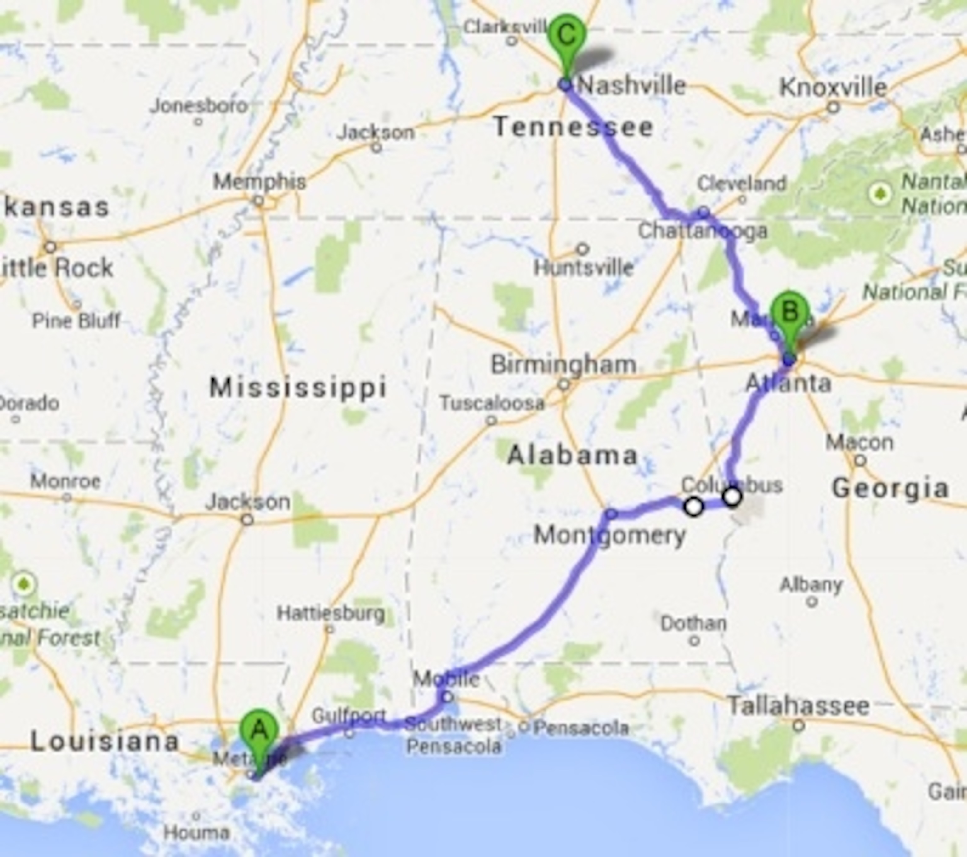 My upcoming road trip, from New Orleans to Atlanta to Nashville, 750 miles across the American South. (From Google Maps)