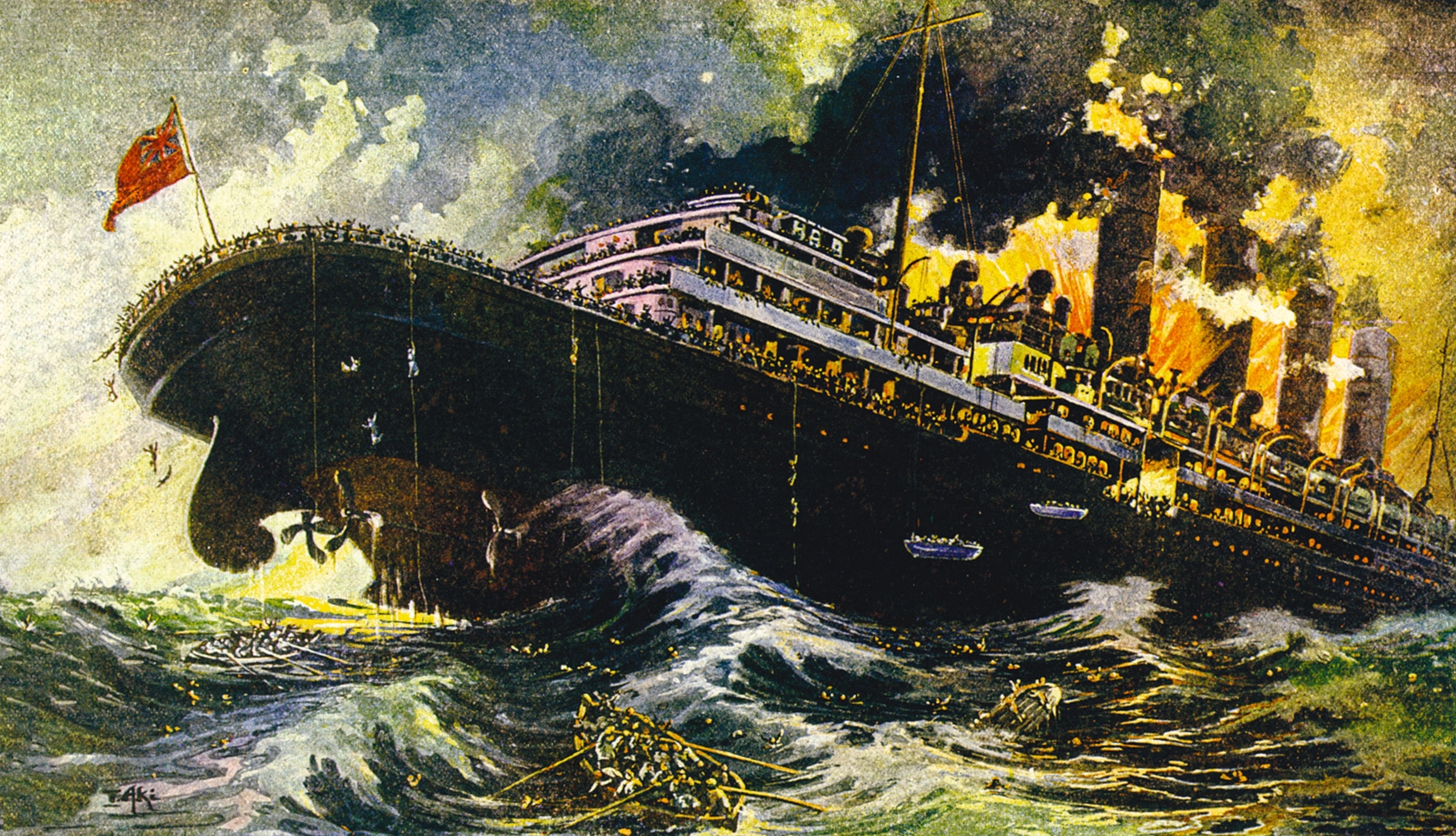An illustration of the sinking of the ocean liner Lusitania.