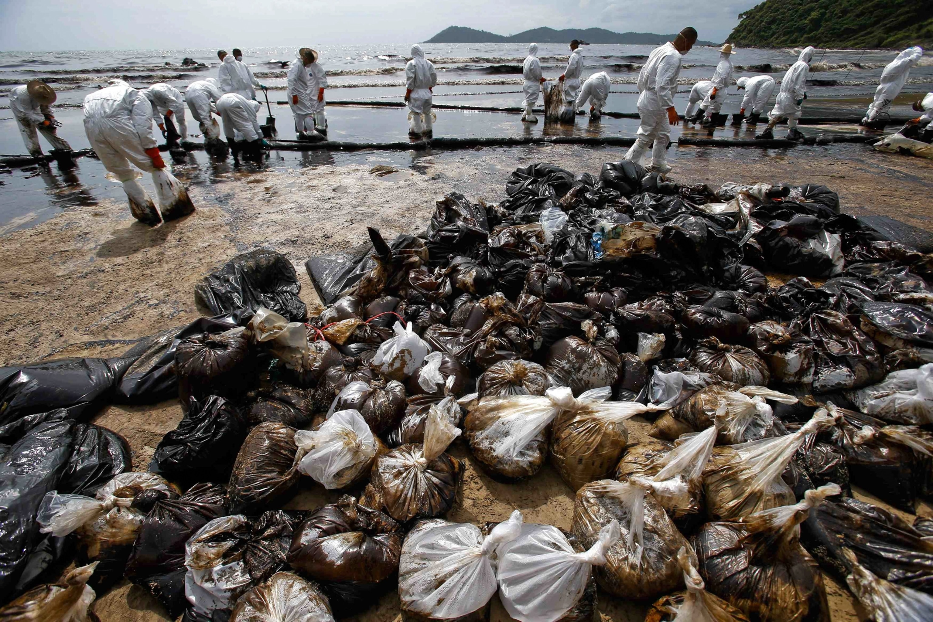 Garbage bags filled with waste line a beach on Samet Island during cleanup after an oil spill.