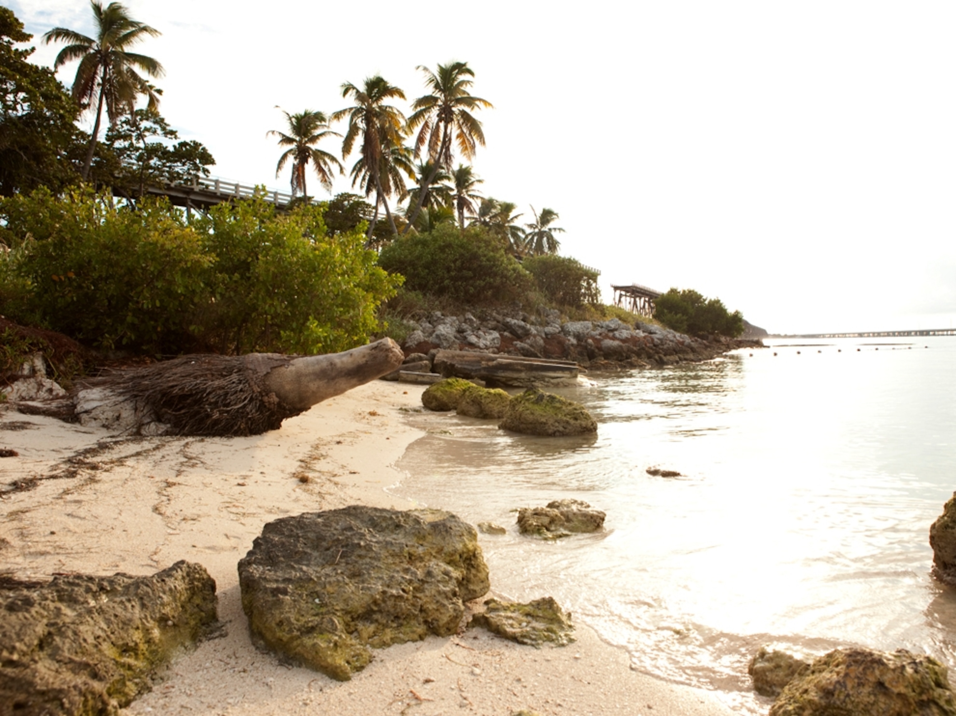 the beach at Bahia Honda State Park with the old overseas railroad track in the background