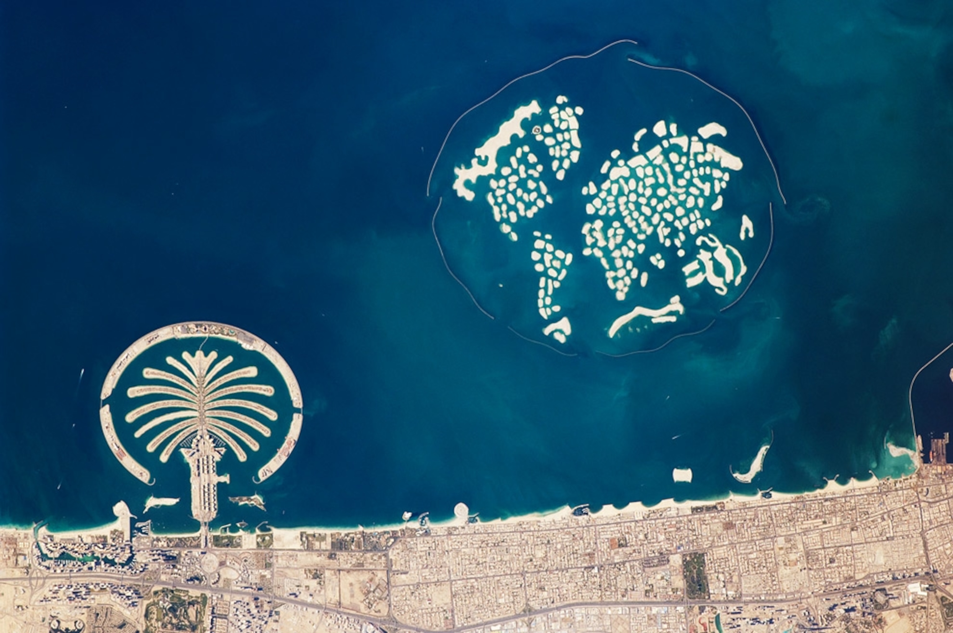 A satellite picture of artificial islands in Dubai