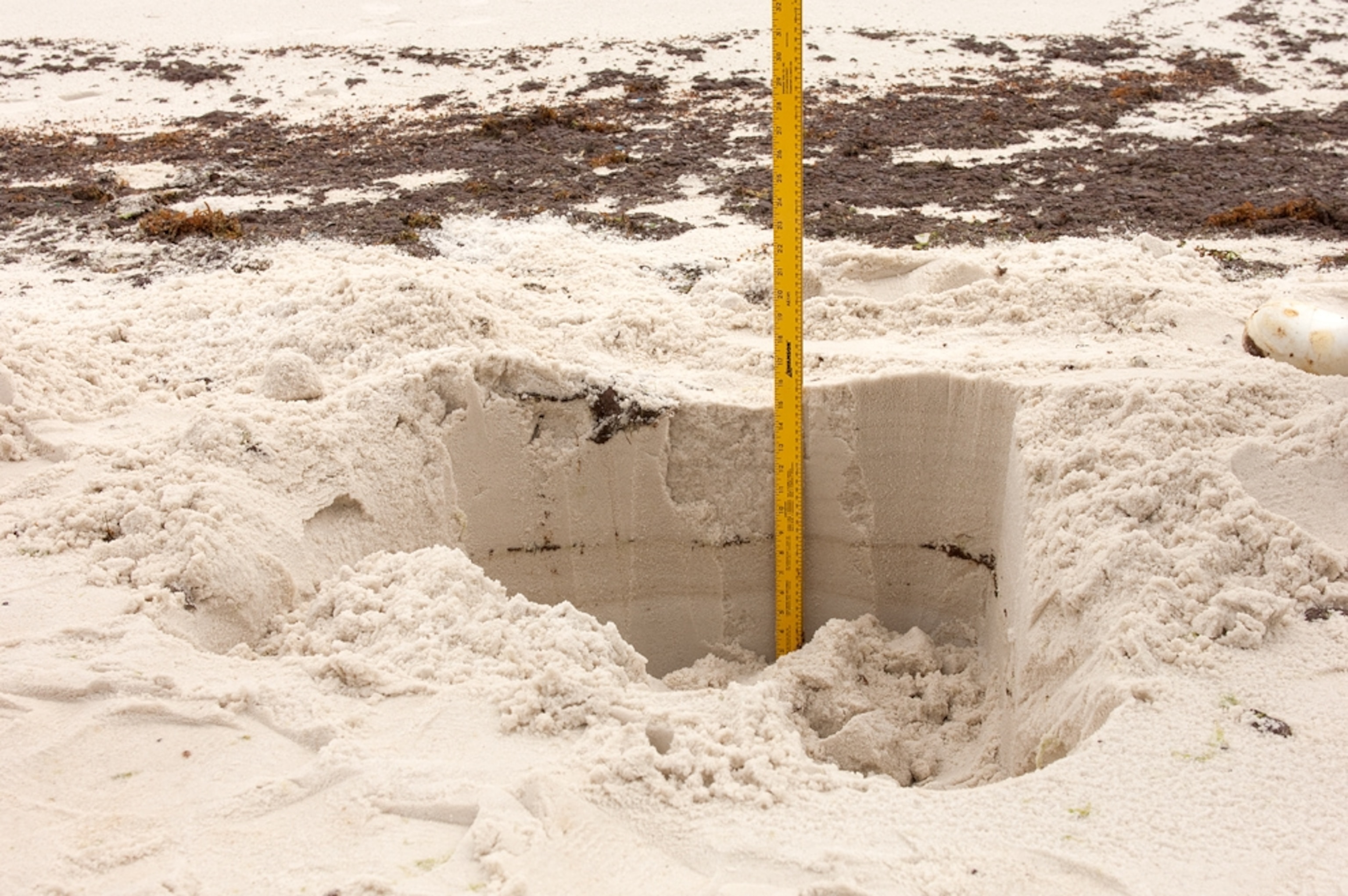 A trench dug into a beach