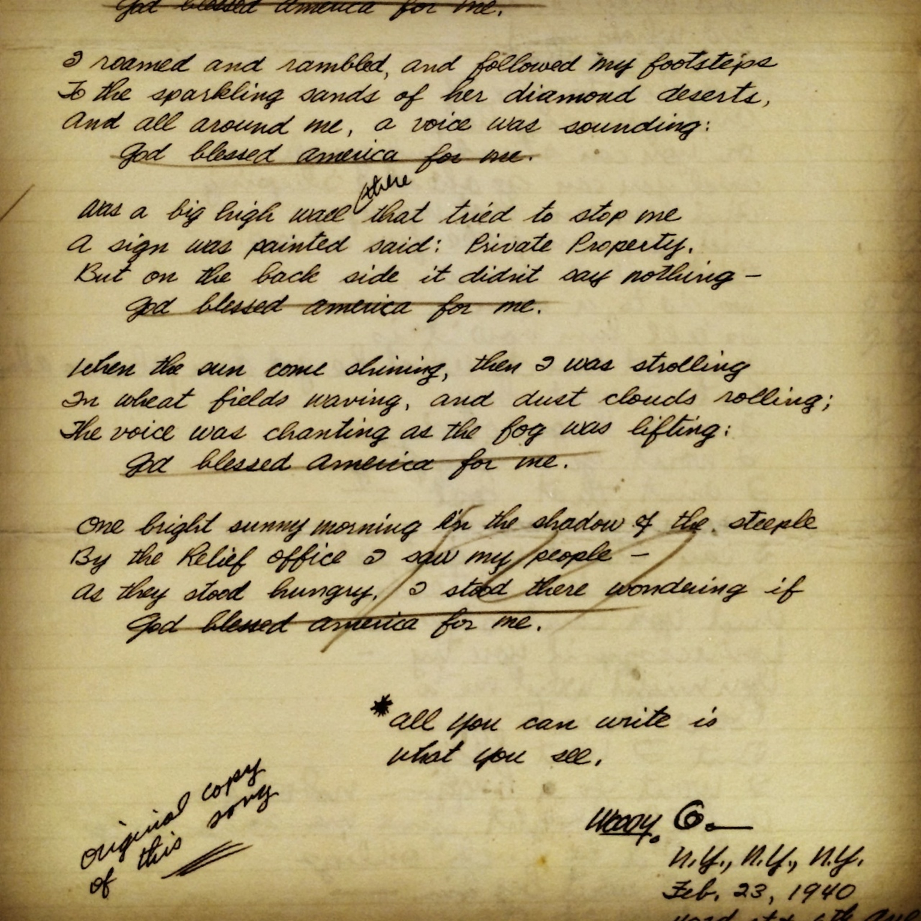 Original manuscript of 'This Land Is Your Land' on display at the Woody Guthrie Center in Tulsa, Oklahoma. (Photo by Andrew Evans, National Geographic Travel)